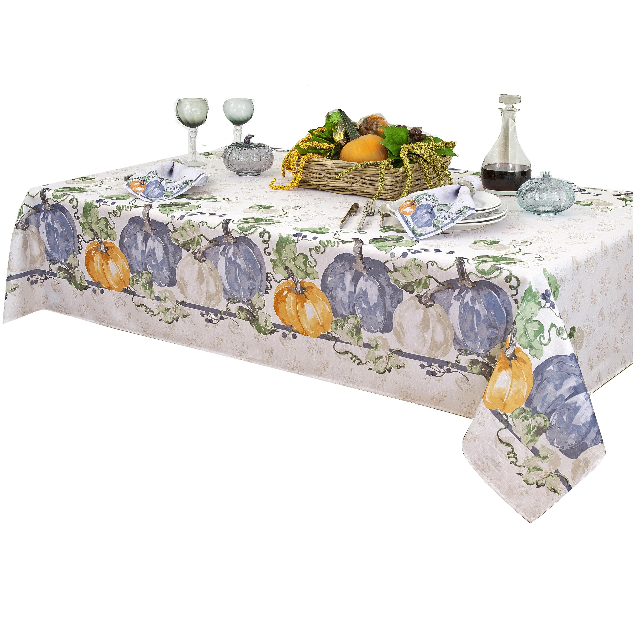 Premium Stone Washed Blue Pumpkin Vines Fabric Napkin Set - Set of 8 Elegant Bordered Napkins for Thanksgiving, Fall Decor, and Seasonal Table Setting