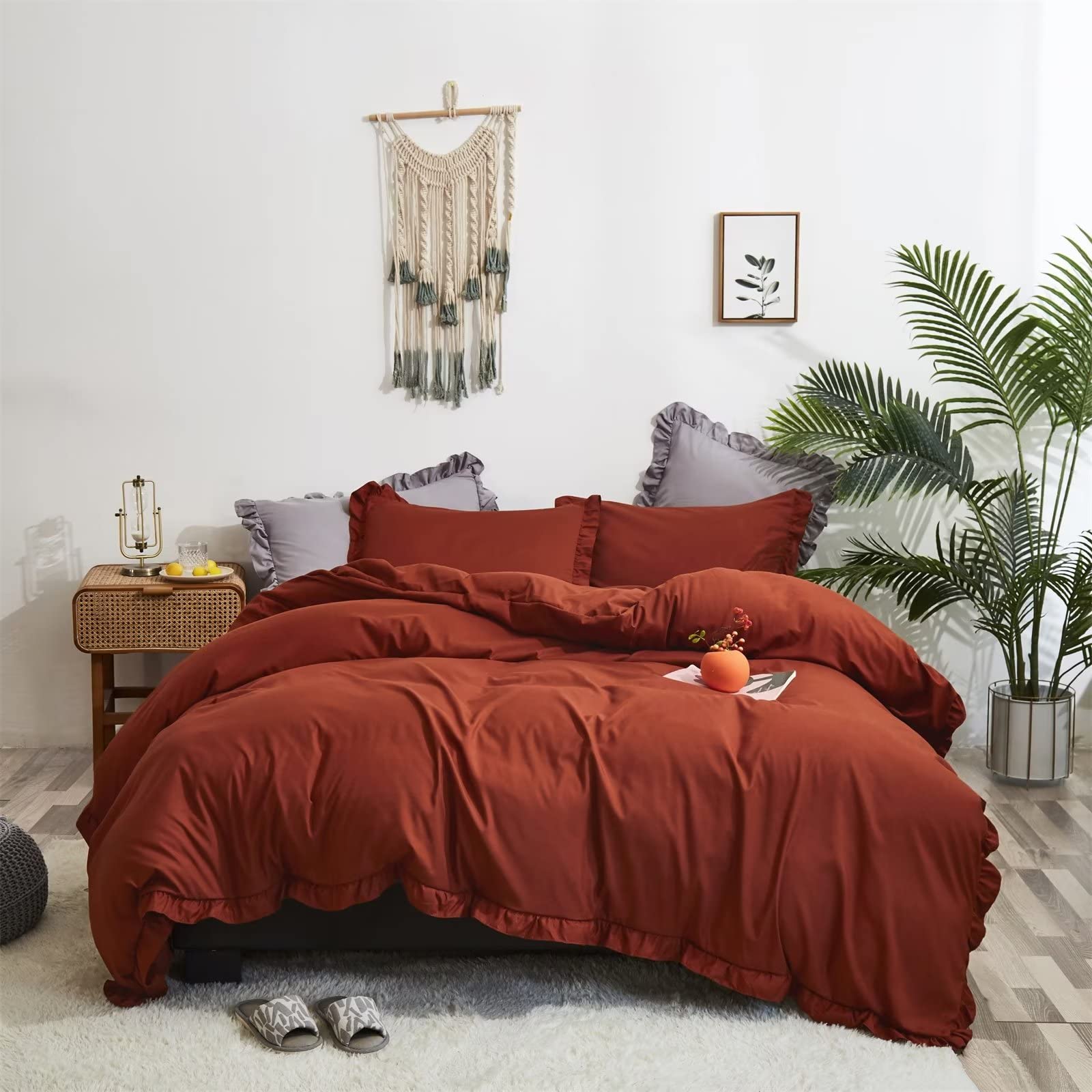 Boho Burnt Orange King Comforter Set - Ruffled Fringe Farmhouse Bedding in Rust & Terracotta Tones | Shabby Chic Bedroom Decor for Cozy Rustic Retreats