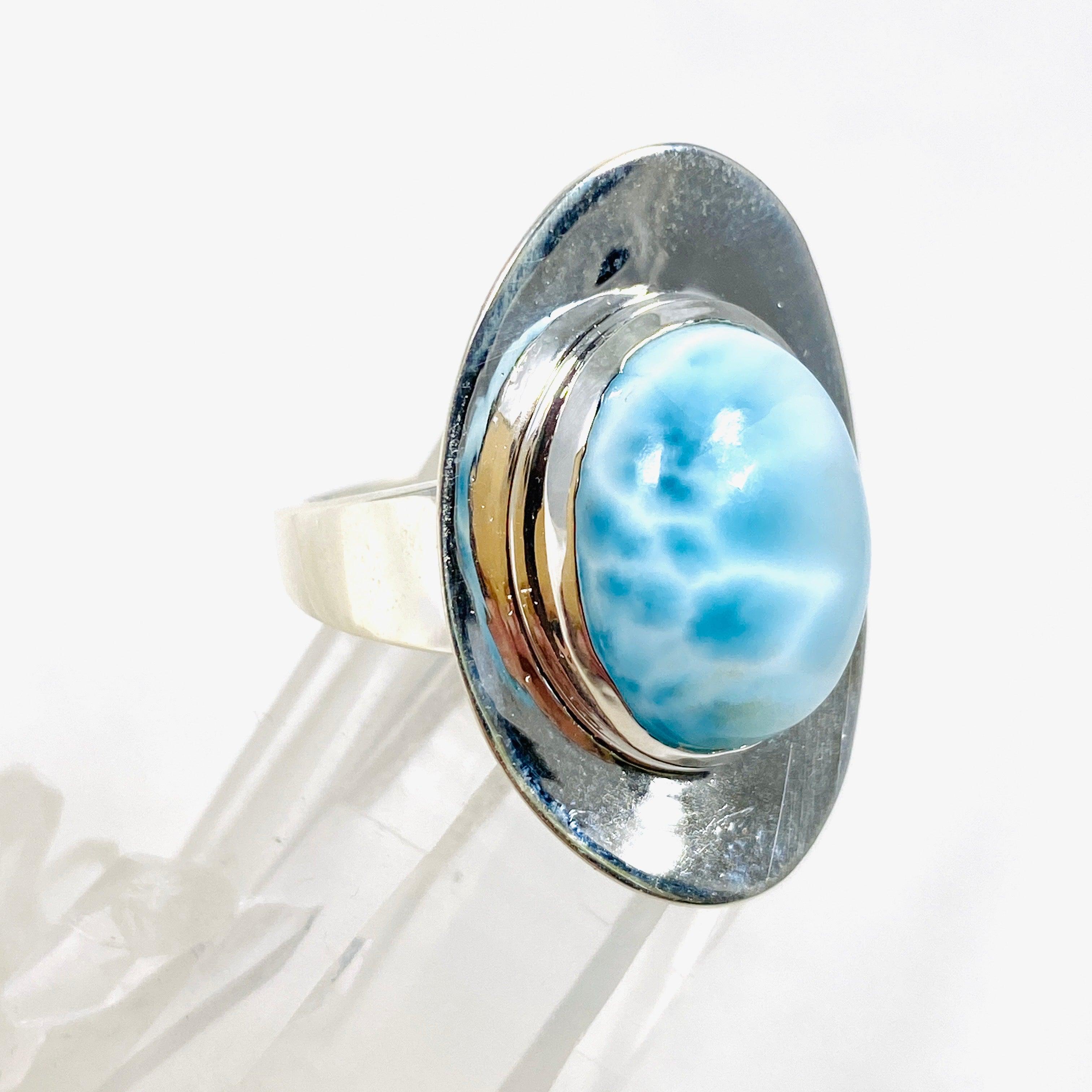 Larimar Oval Ring with Sterling Silver Band - Size 8 KRGJ3103 | Handmade Jewelry for Women, Gift for Her, Birthday & Anniversary Present