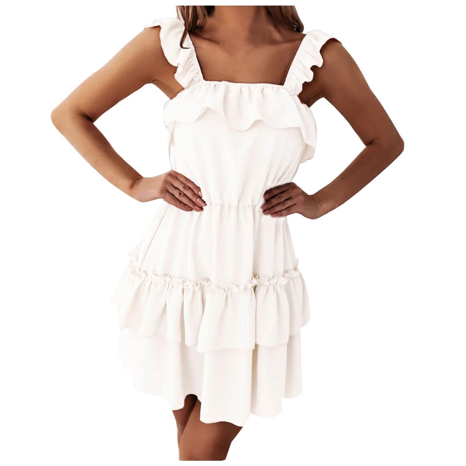 JSARLE Women's Summer Sleeveless Ruffled Slip Dress - Solid Color Double Layer Wedding Guest Dress for Special Occasions & Evening Parties