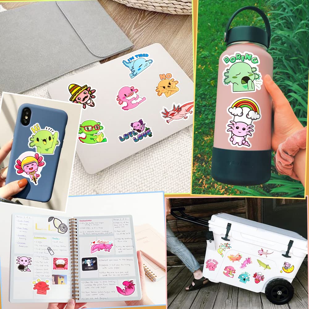 50 Pcs Cute Axolotl Stickers - Waterproof Vinyl Decals for Water Bottles, Laptops, Scrapbooks - Fun Decorative Stickers for Girls & Teens - Perfect for School Supplies, DIY Crafts & Room Decor