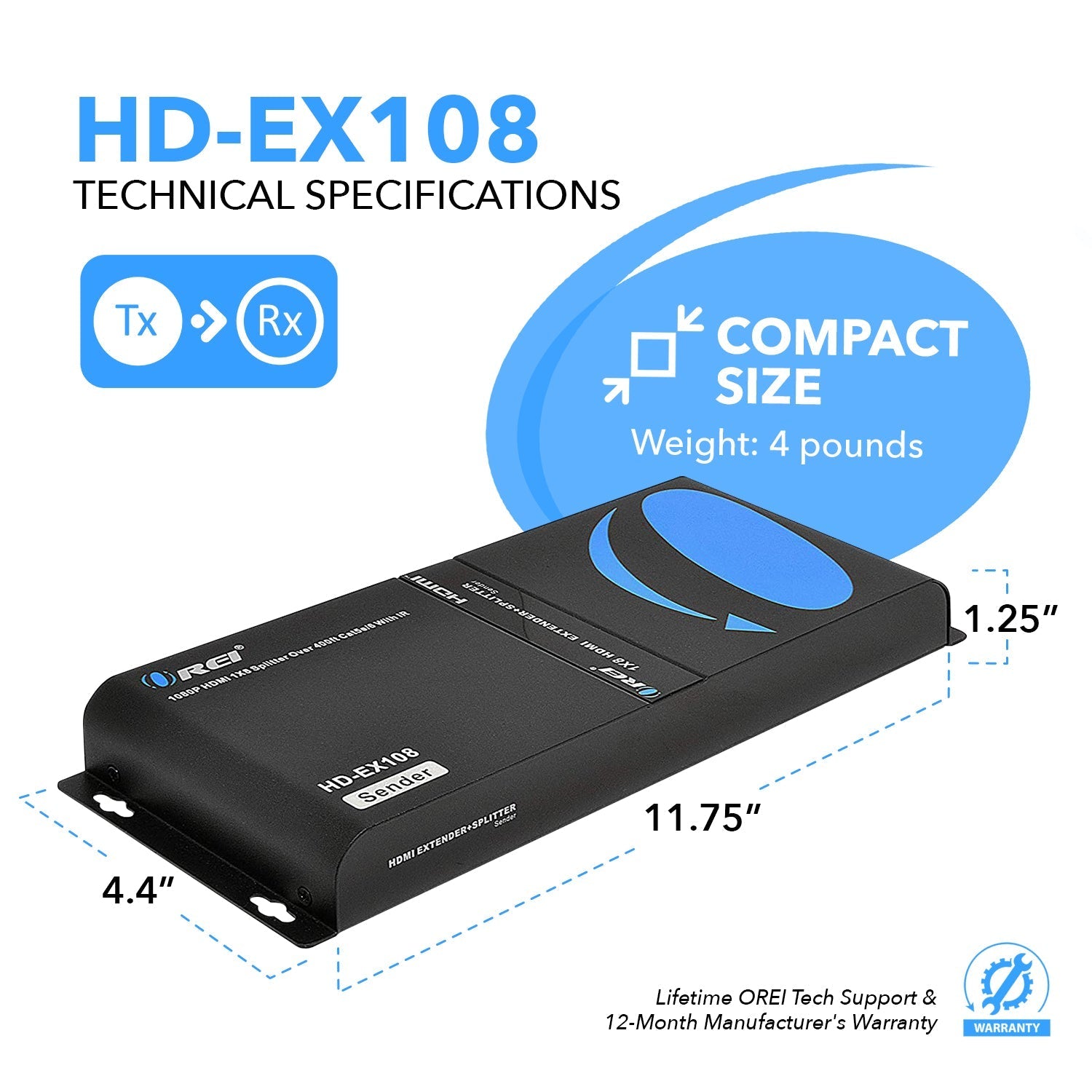 1x8 HDMI Extender Splitter Over CAT6/6a/7 - 400ft 1080p HD Video Distribution (HD EX108) - Perfect for Home Theater, Conference Rooms & Multi-Screen Setups