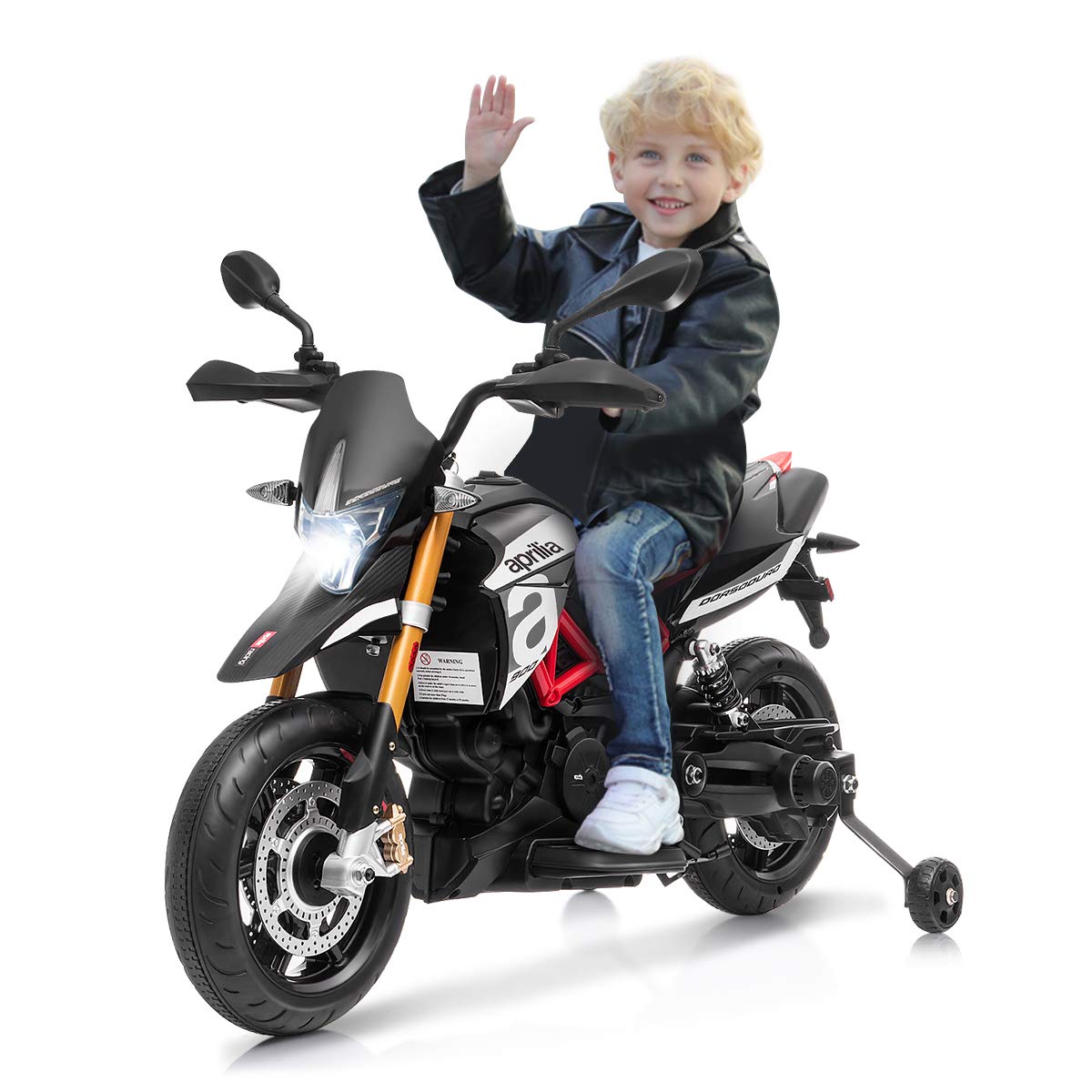 HOMGX 12V Kids Ride on Motorcycle - Licensed Apulia Design with LED Lights & Music, Battery Powered Motor Bike with Detachable Training Wheels (Black) | Perfect Gift for Boys & Girls Ages 3-8 | Indoor & Outdoor Play, Birthday & Christmas Present