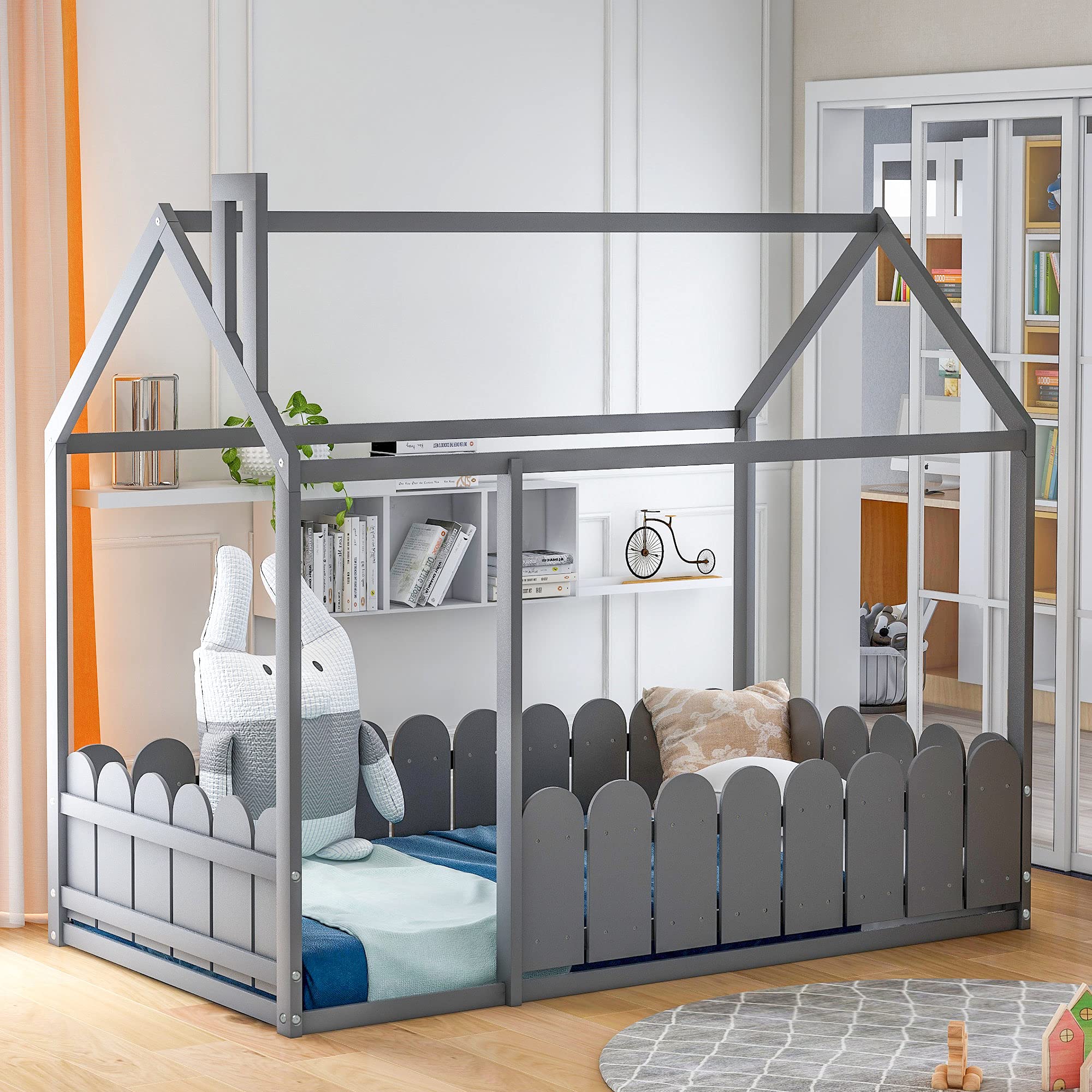 **House-Shaped Wooden Kids Bed Frame with Safety Fence for Toddlers, Children & Teens - Twin Size, Gray - No Weight Limit, Box Spring Required - Perfect for Nursery, Bedroom & Playroom**
