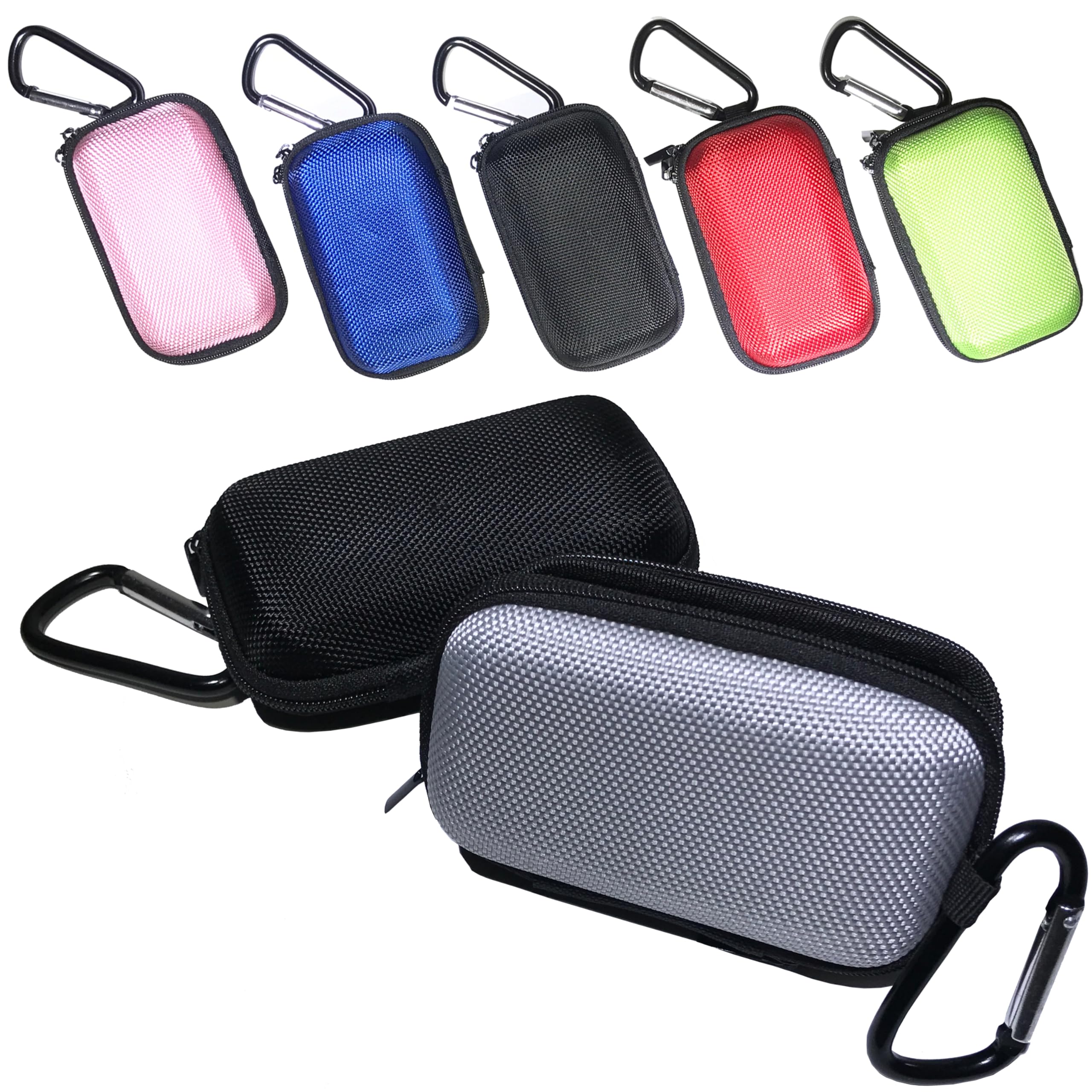 5 Pack Rectangle Earbuds Case - Protective Earphone Storage Pouch with Carabiner Clip (Pink, Blue, Black, Red, Green) | Multi-Functional Carrying Case for AirPods, Galaxy Buds & Wireless Earbuds | Travel, Gym & Outdoor Use