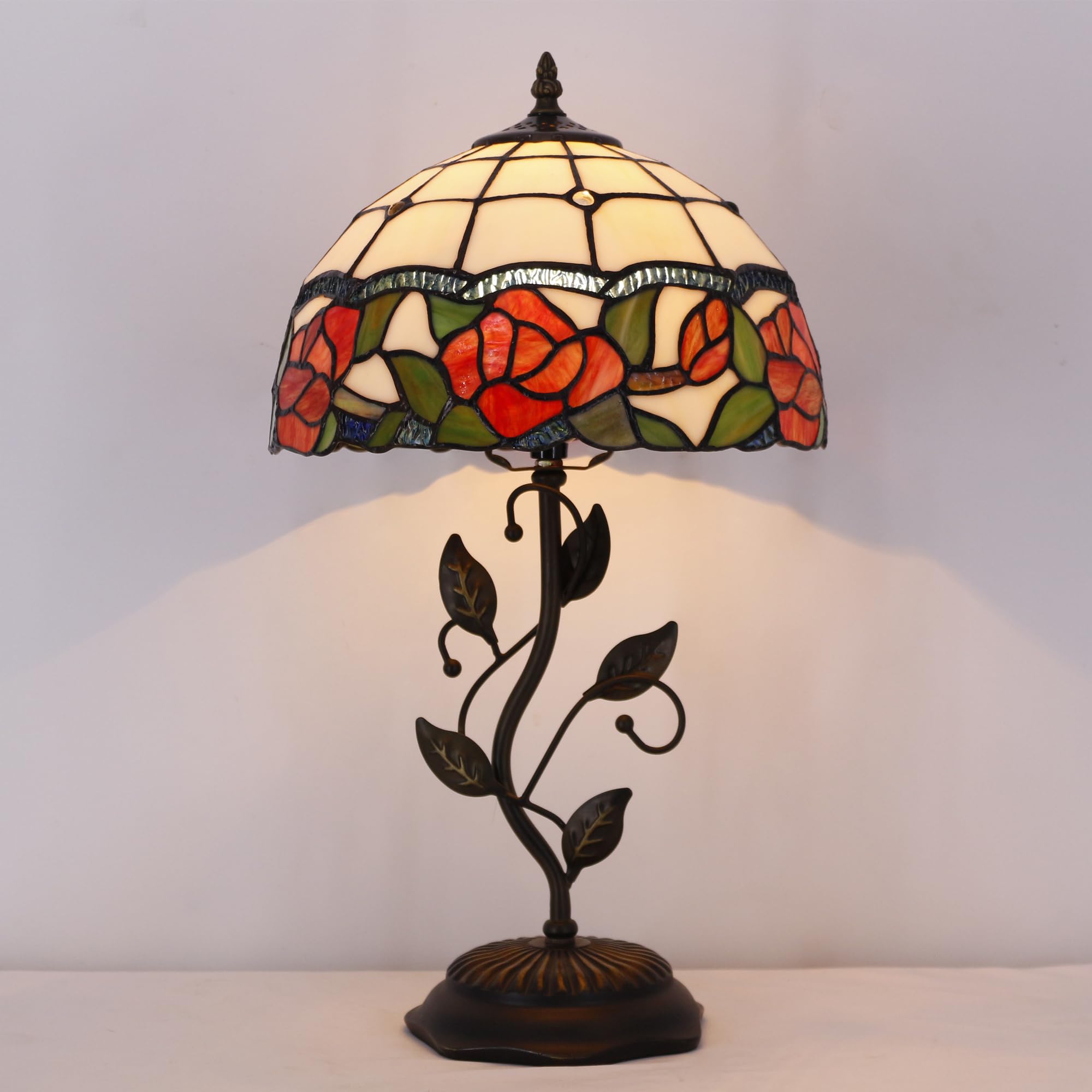 Tiffany Style Stained Glass Table Lamp with Metal Leaf Base - 12