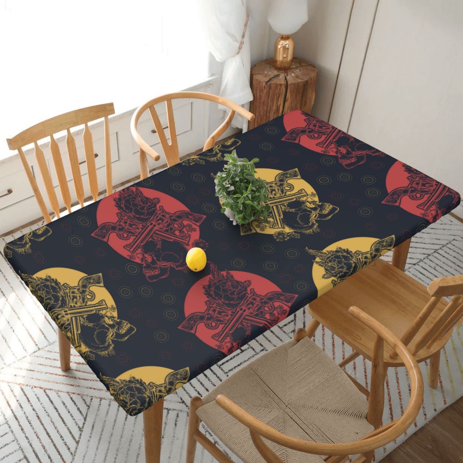 Vintage Skull Crossed Guns & Roses Floral Rectangle Fitted Tablecloth - 5ft Washable Kitchen Dining Table Cover for Home, Restaurant, Outdoor Patio Party Decor