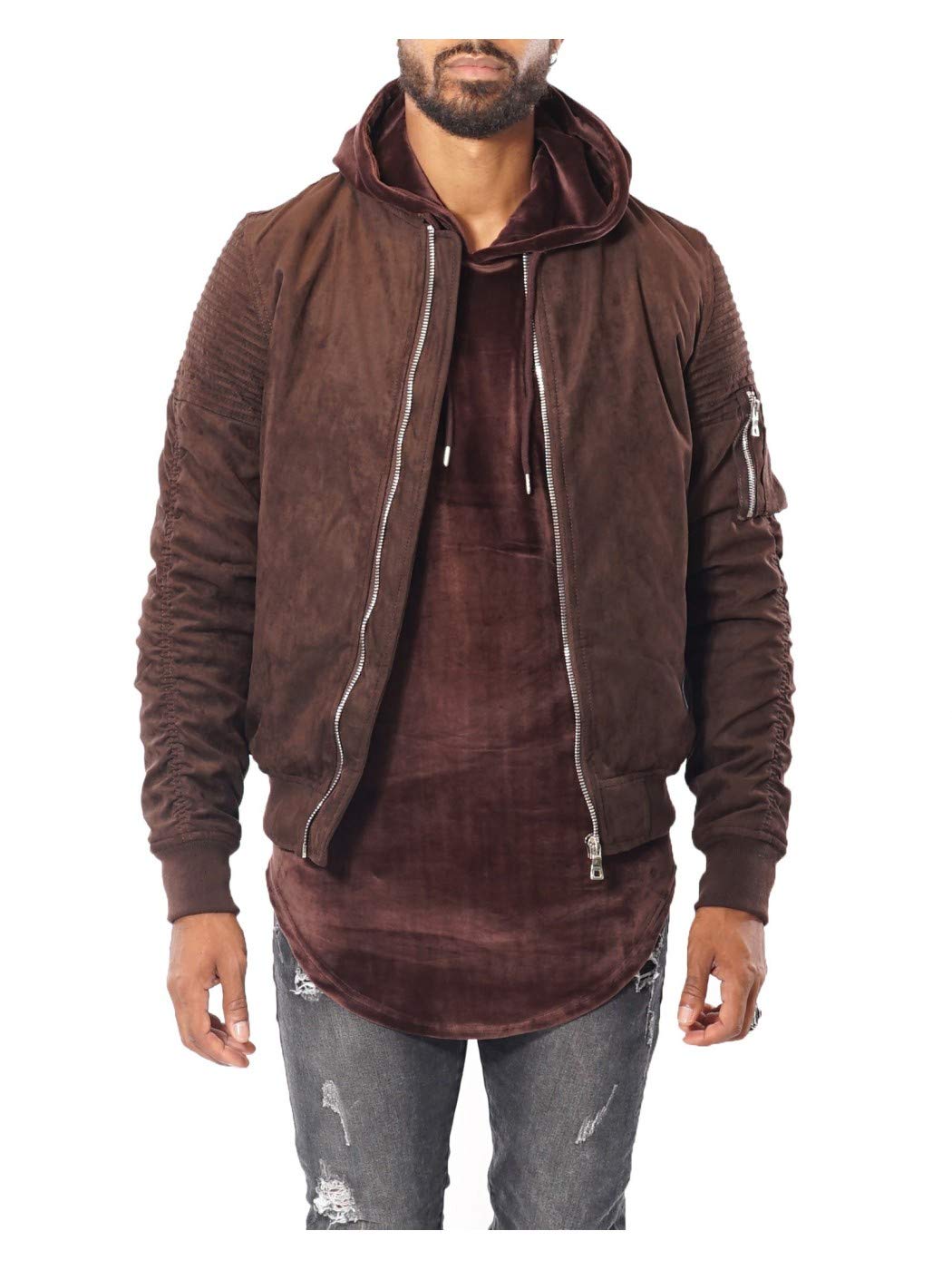 Men's Chocolate Brown Suede Bomber Jacket - Classic Vintage Style Lightweight Outerwear for Casual Wear & Night Out
