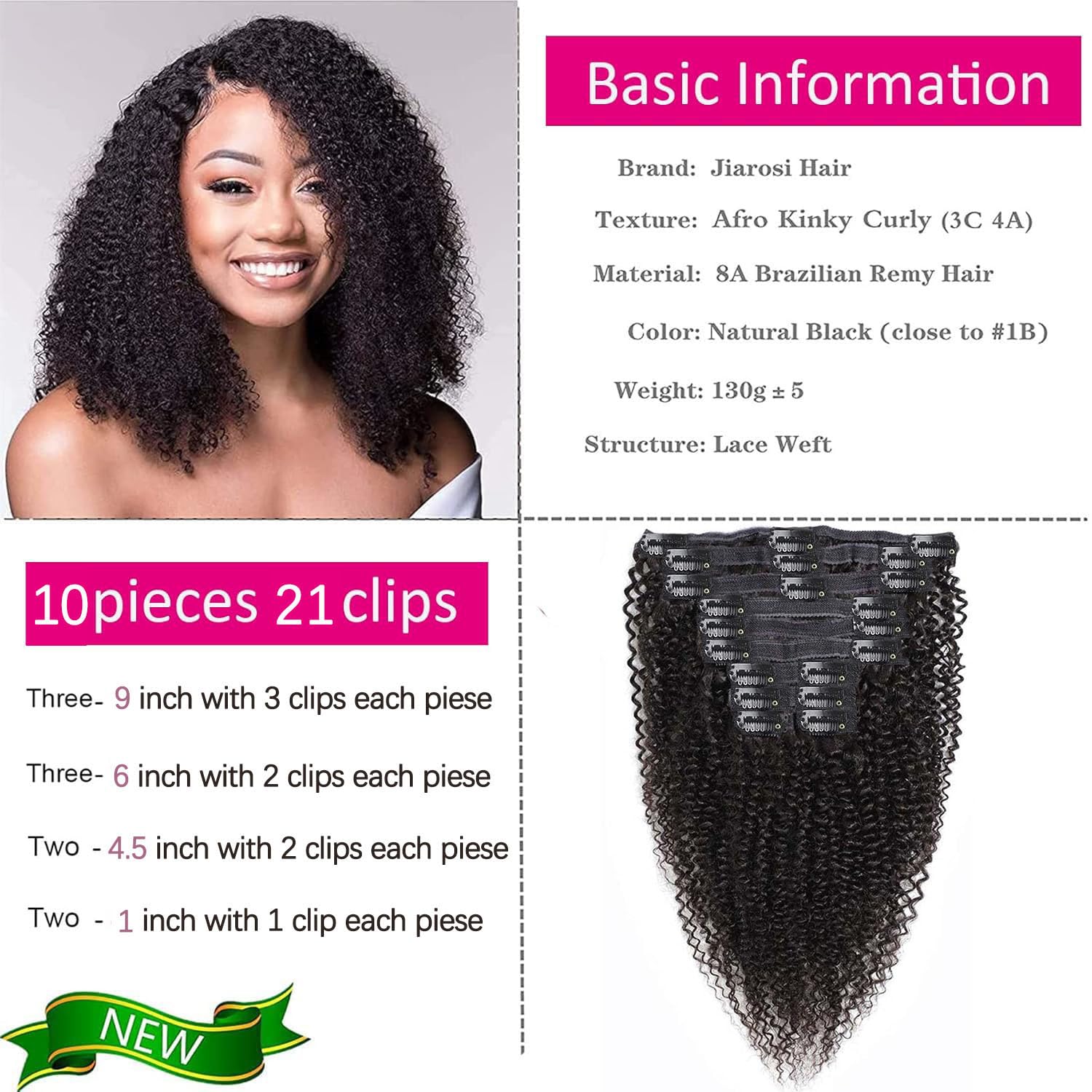 Kinky Curly Clip-In Hair Extensions 16inch - 10A Brazilian Remy Human Hair (3C/4A Afro Texture) - 10-Piece Set with 21 Clips for Black Women - Natural Black Hair Extensions for Daily Styling & Special Occasions