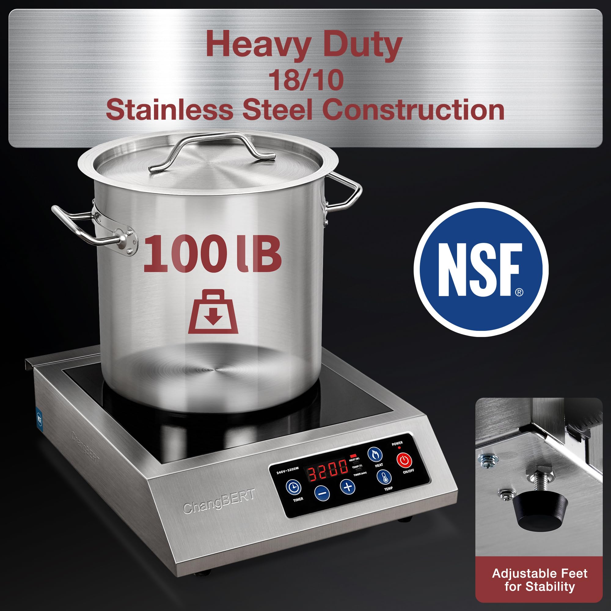 3200W Portable Induction Cooktop - NSF Certified Commercial Range with 18/10 Stainless Steel Housing & Glass Top - Perfect for Home Kitchens, Restaurants, and Outdoor Cooking