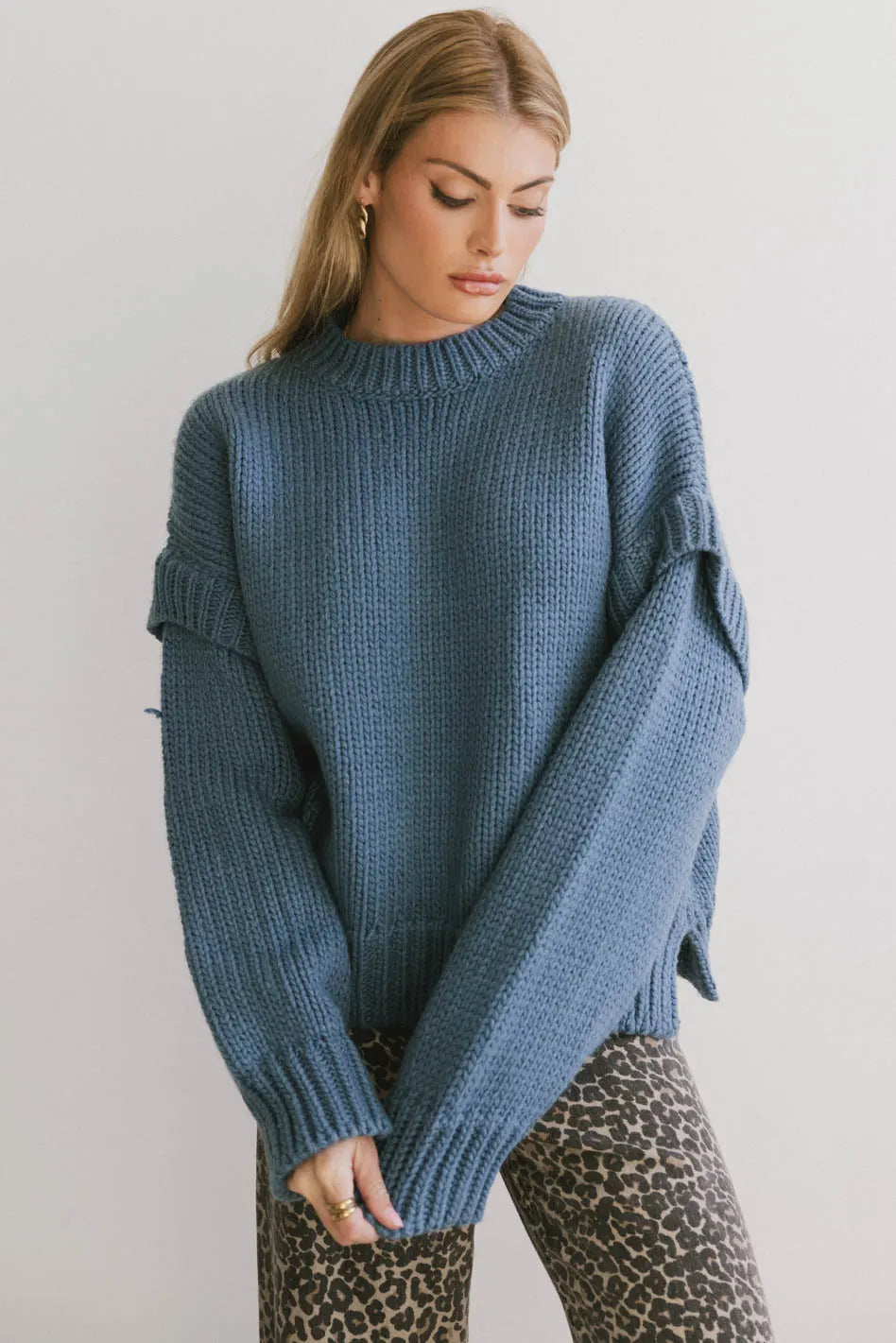 Josie Knit Sweater Women's Blue Crewneck Pullover | Cozy Winter Casual Wear for Office & Outings