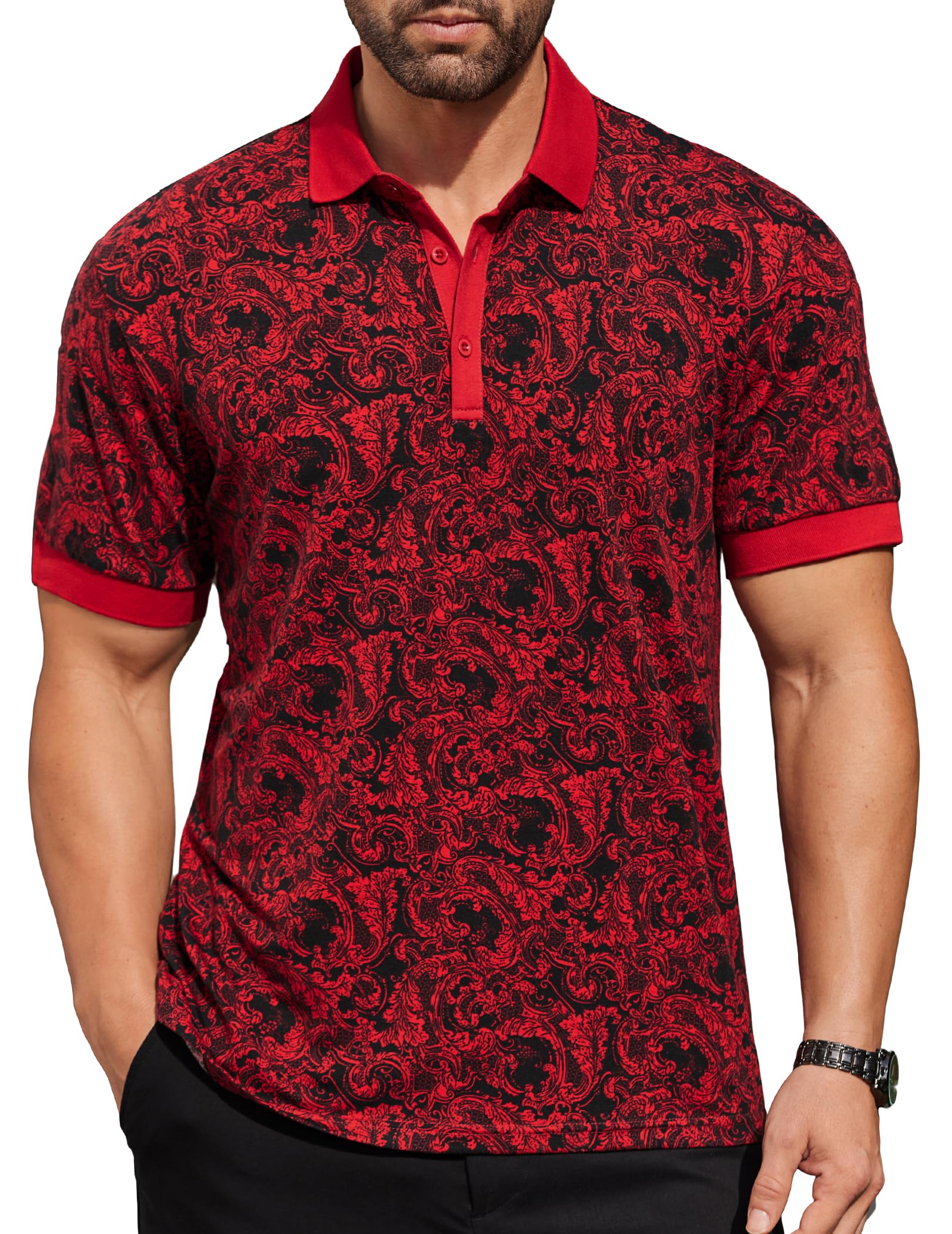 COOFANDY Men's Slim Fit Short Sleeve Polo Shirt with Floral Paisley Print - Breathable Casual Summer T-Shirt for Work, Golf & Outdoor Activities