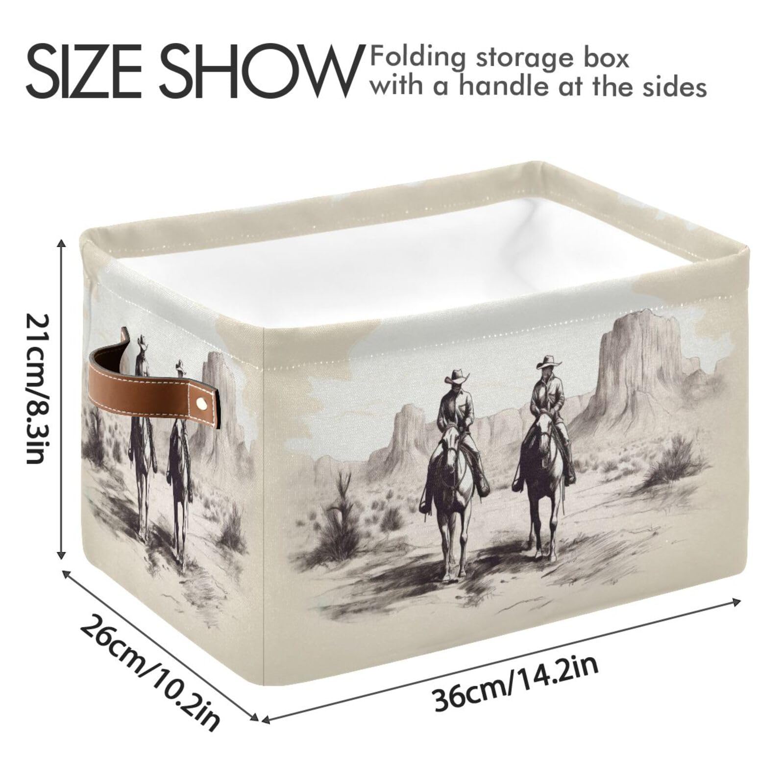 Western Cowboy Style Foldable Fabric Storage Baskets with Leather Handles - 2 Pack Organizer Bins for Closet, Bedroom, Nursery & Office - Perfect for Home Organization & Western Decor