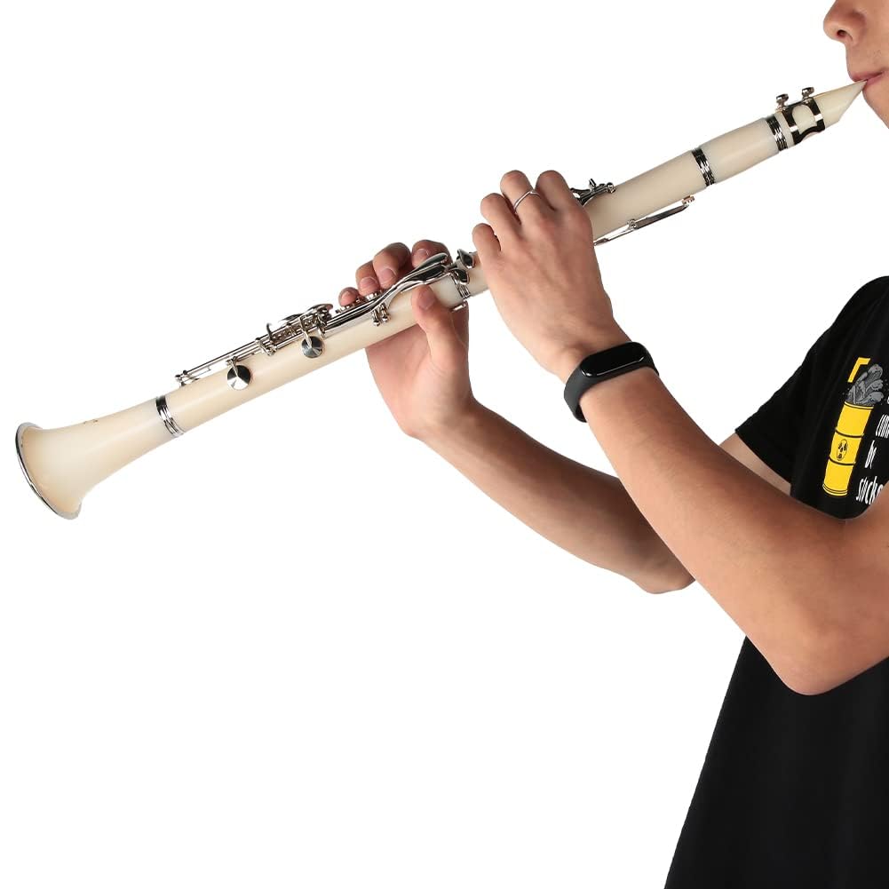 Professional Bb Clarinet 17 Keys with Reed, Hard Case, Gloves & Cleaning Cloth - Ebonite Beginner Clarinet for Students & Adults (White) | Perfect for School Bands, Music Lessons & Home Practice