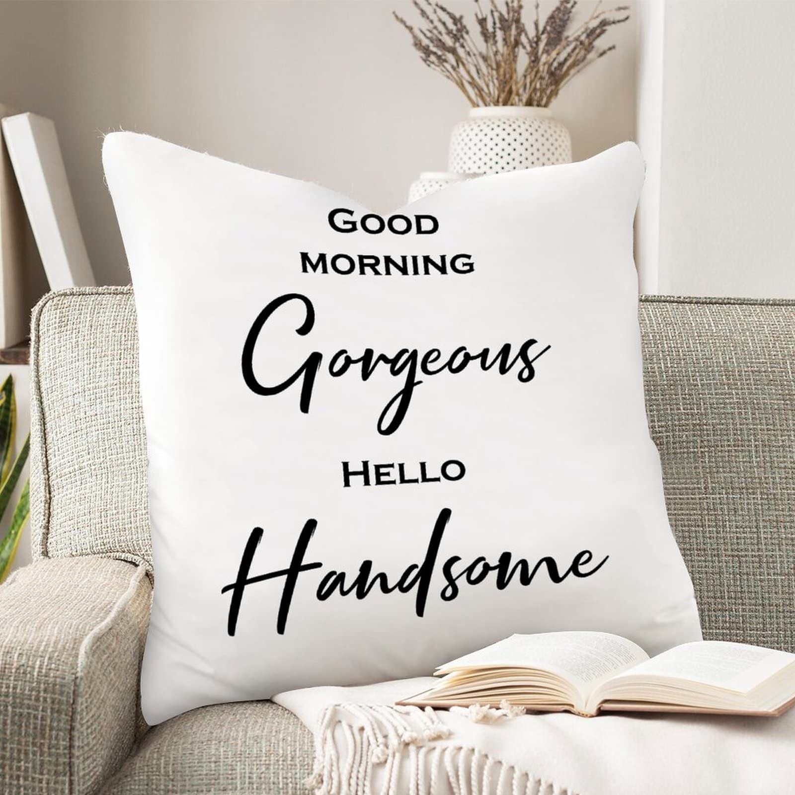 Premium 26x26 Inch Canvas Pillow Covers - Double Sided Printed Decorative Throw Cushion Covers with Zipper Closure | Square Pillow Cases for Sofa, Bed & Home Decor | Perfect Housewarming Gift for New Home | Good Morning Gorgeous & Hello Handsome Designs