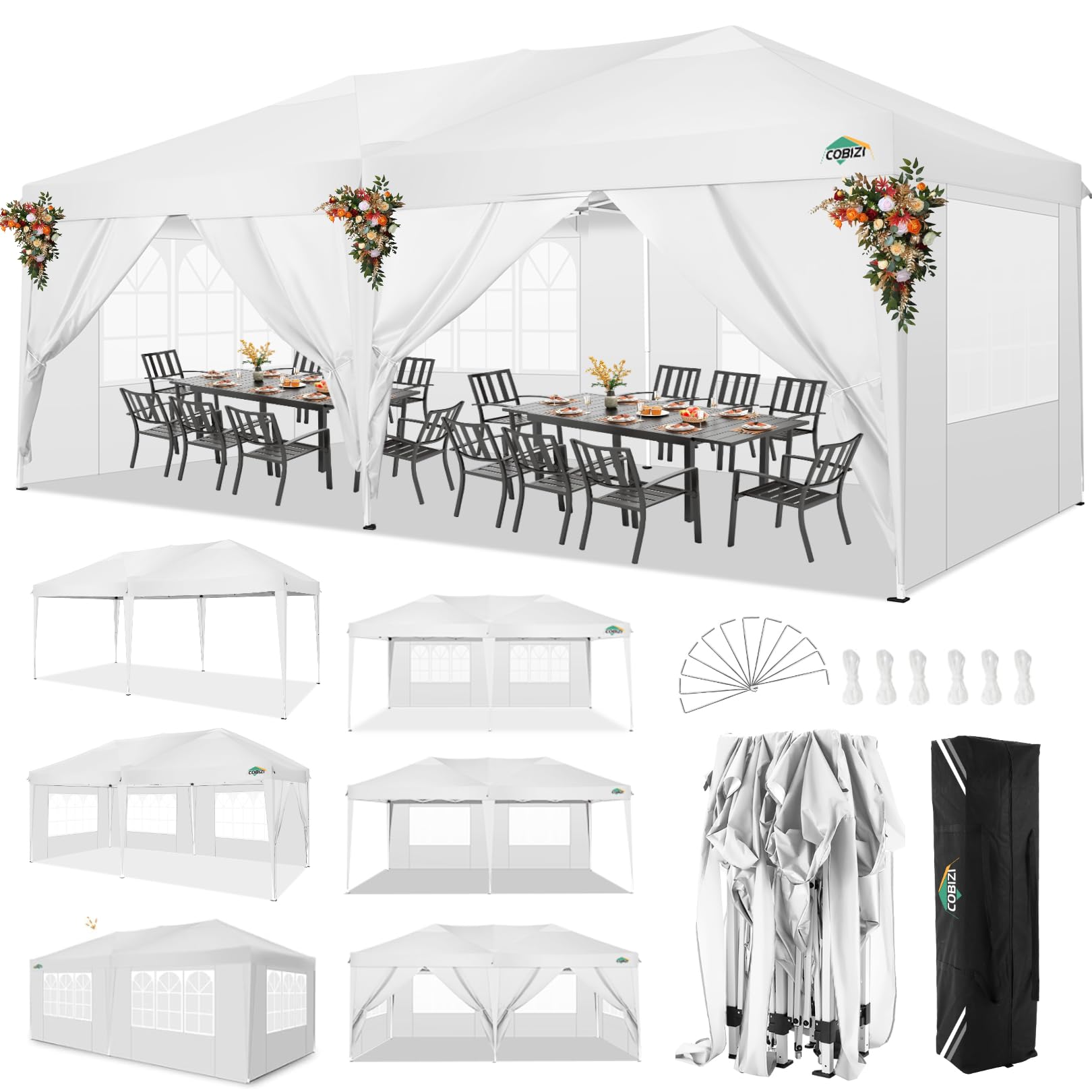 COBIZI 10x20 Pop Up Canopy Tent with 6 Sidewalls - Waterproof Outdoor Event Shelter, UPF 50+ Portable Gazebo for Beach, Camping, Weddings & Commercial Use - Instant Easy Setup White Canopy | Perfect for Parties, Picnics, Tailgating & Outdoor Markets