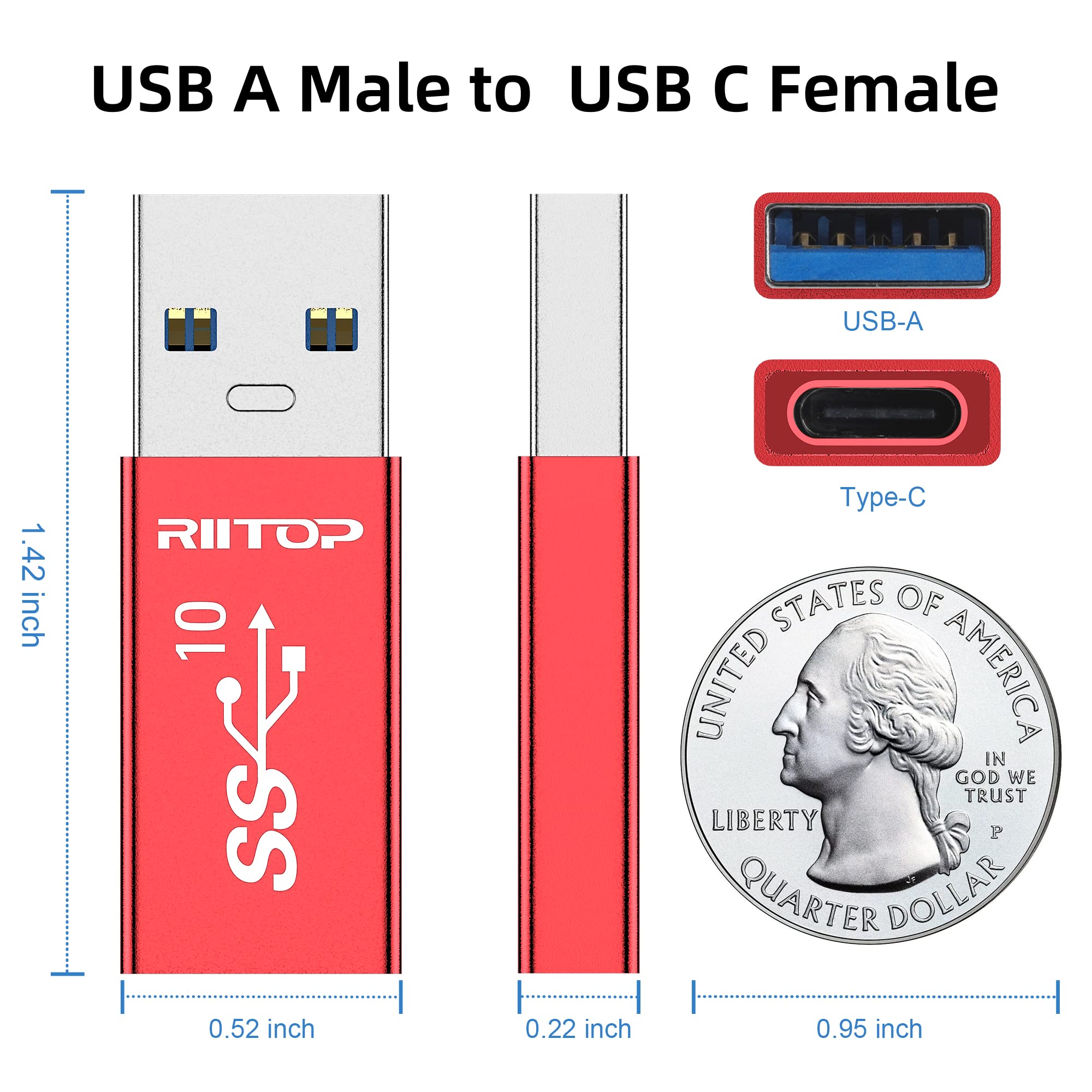 RIITOP USB A to USB C Adapter - USB C Female to USB A Male Converter - 10Gbps High-Speed Data Transfer - Double-Side Design (Upgraded Version, Red) - Perfect for MacBook, Smartphones, Tablets & More