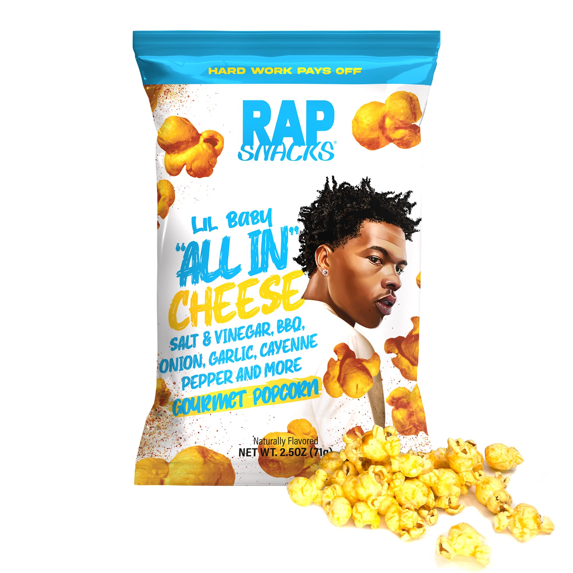 Rap Snacks Lil Baby All In Cheese Popcorn 2.5 Oz Bags - Pack of 6 | Delicious Cheese Flavored Snacks for Parties, Movie Nights & On-the-Go Snacking