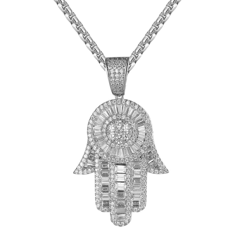 Stylish Baguette White Tone Hamsa Hand Charm Pendant - Free Chain Included - Perfect for Boho Jewelry, Spiritual Protection & Everyday Fashion Accessories