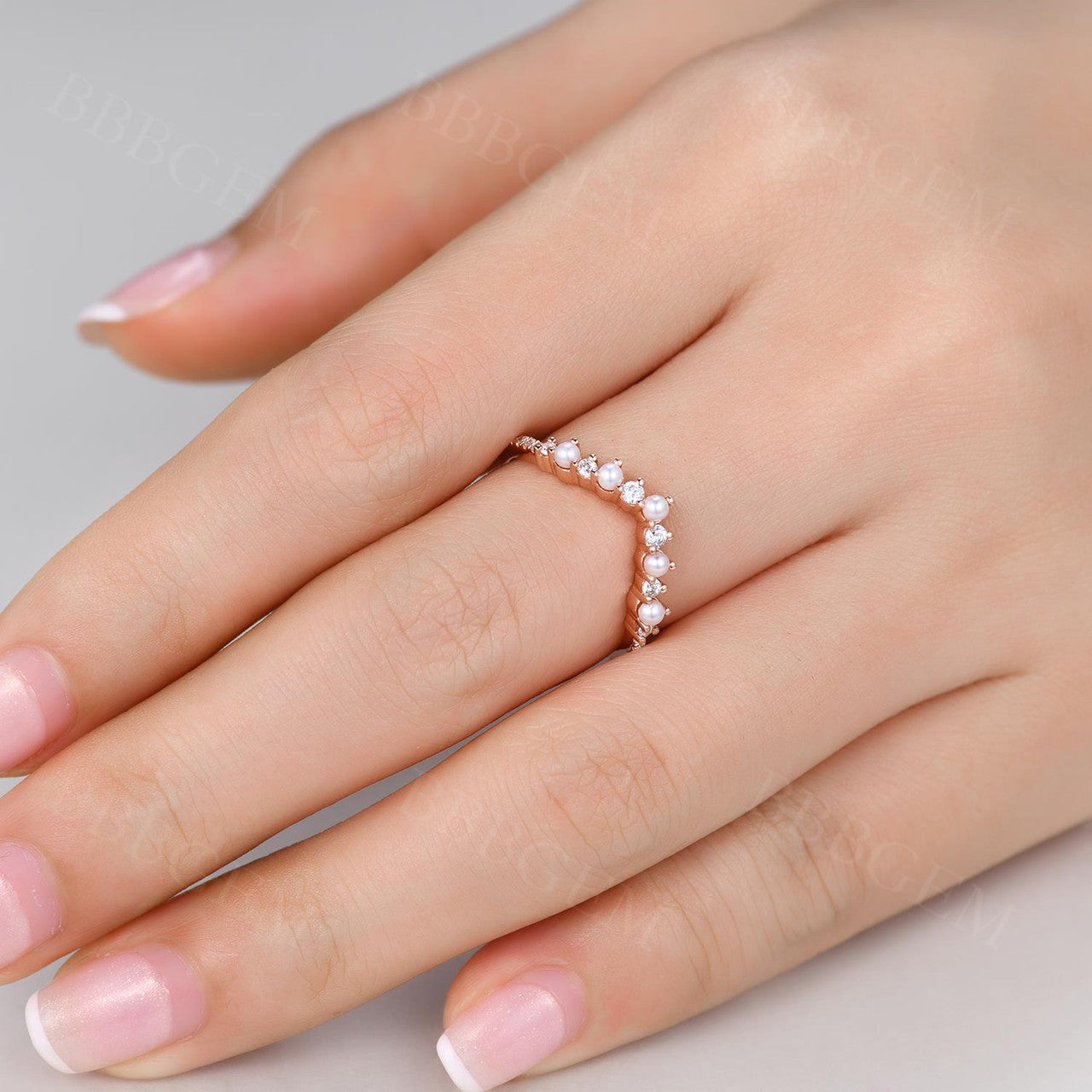 14K Rose Gold Petite V-Shaped Pearl & Diamond Stacking Ring for Women - Elegant Curve Band for Layering, Stacking, and Everyday Wear