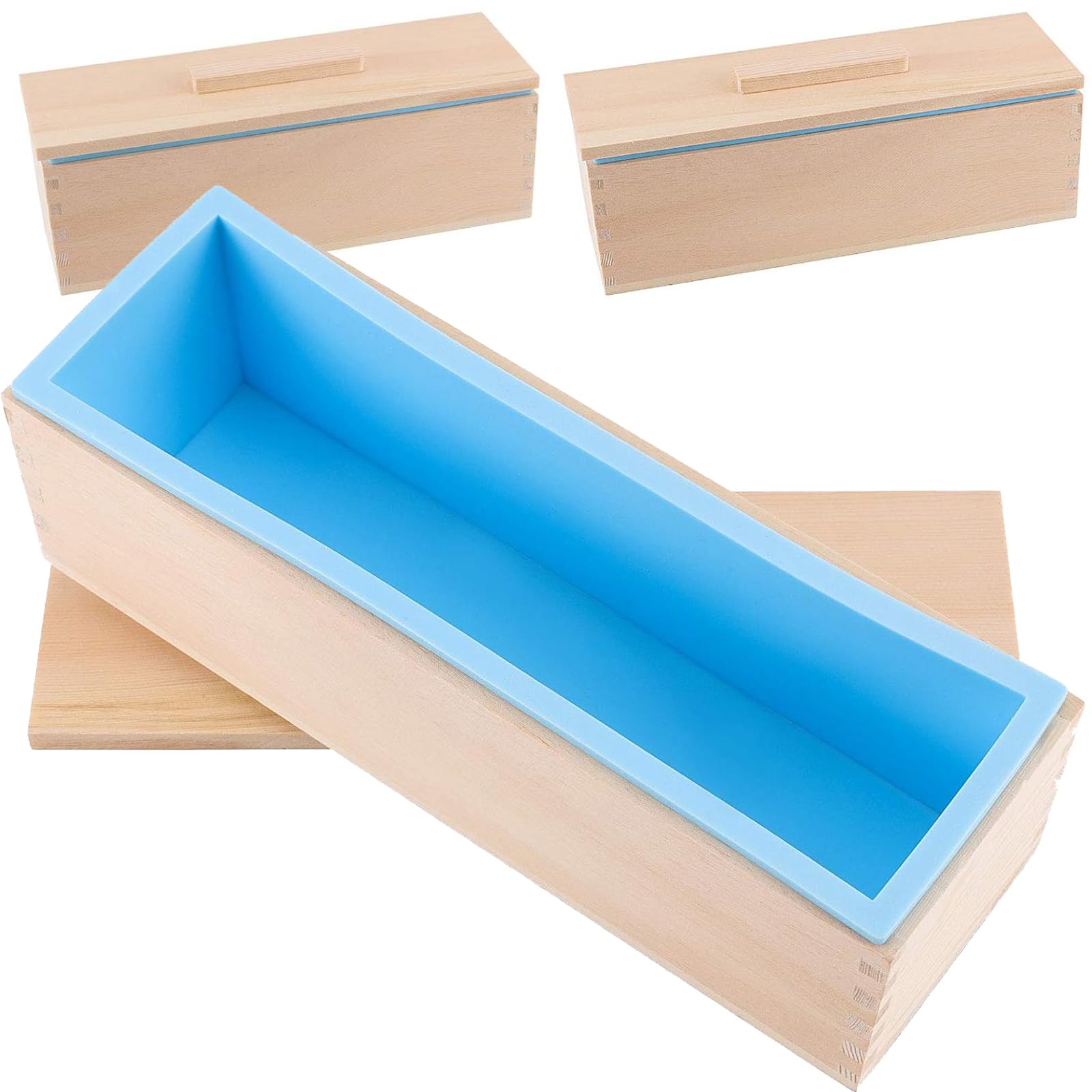 3-Piece 45 Oz Blue Silicone Soap Molds Set - Flexible Rectangular Loaf Soap Making Molds with Wooden Box & Cover - DIY Handmade Soap Supplies for Home, Gifts & Bathroom Decor
