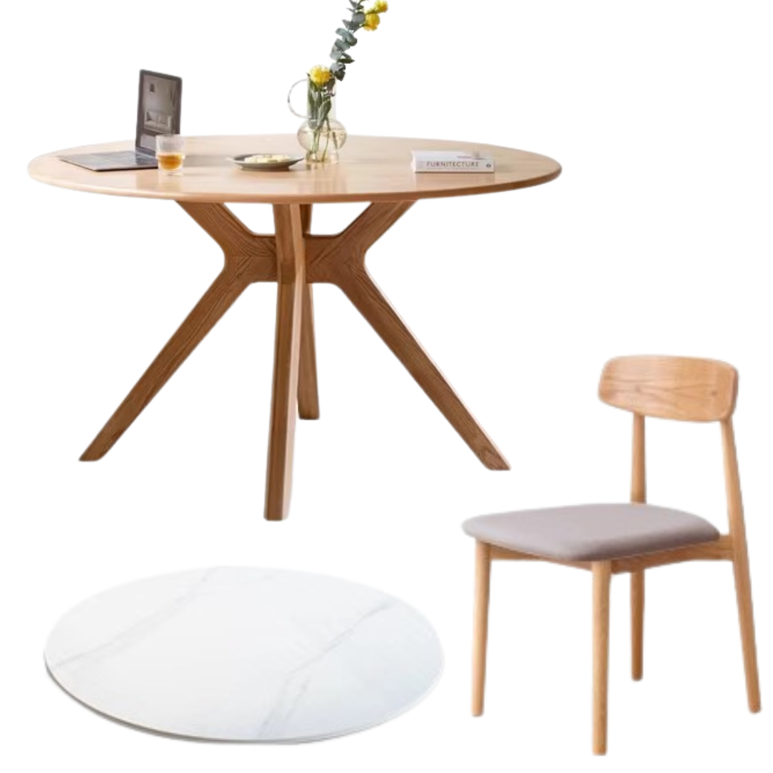 Solid Oak Wood Round Nordic Dining Table with Rock Slab Surface - Modern Farmhouse Kitchen & Dining Room Furniture for Family Gatherings