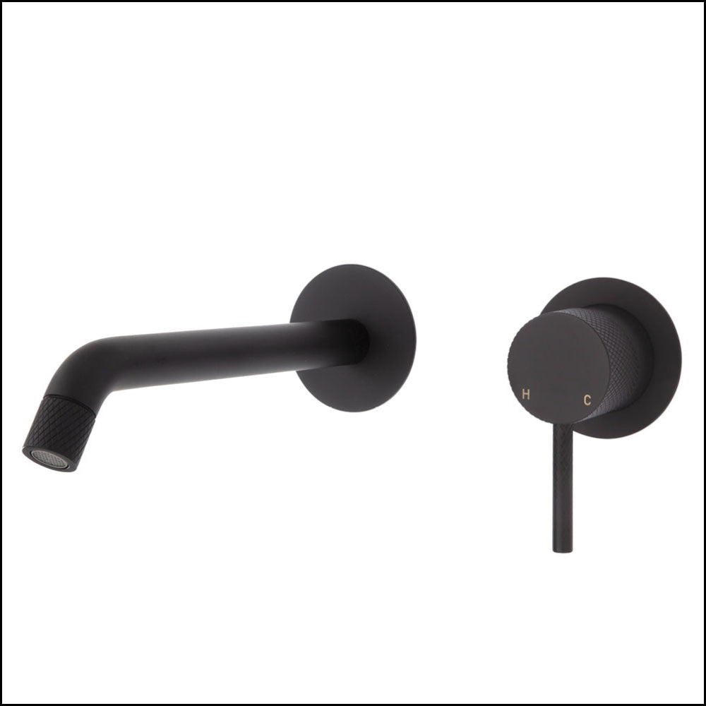 FIENZA Matte Black Axle Wall Basin & Bath Mixer Set with Small Round Plates - 200mm Outlet (Model 231104B 200) - Perfect for Modern Bathrooms & Spa-Like Showers