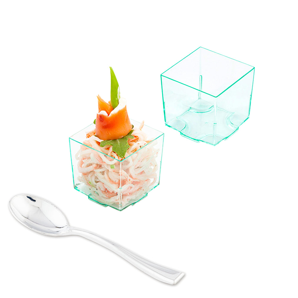100 Pack 3 oz Square Seagreen Plastic Quadrato Cups with 100 Silver Mini Spoons - Perfect for Parties, Weddings, and Dessert Serving