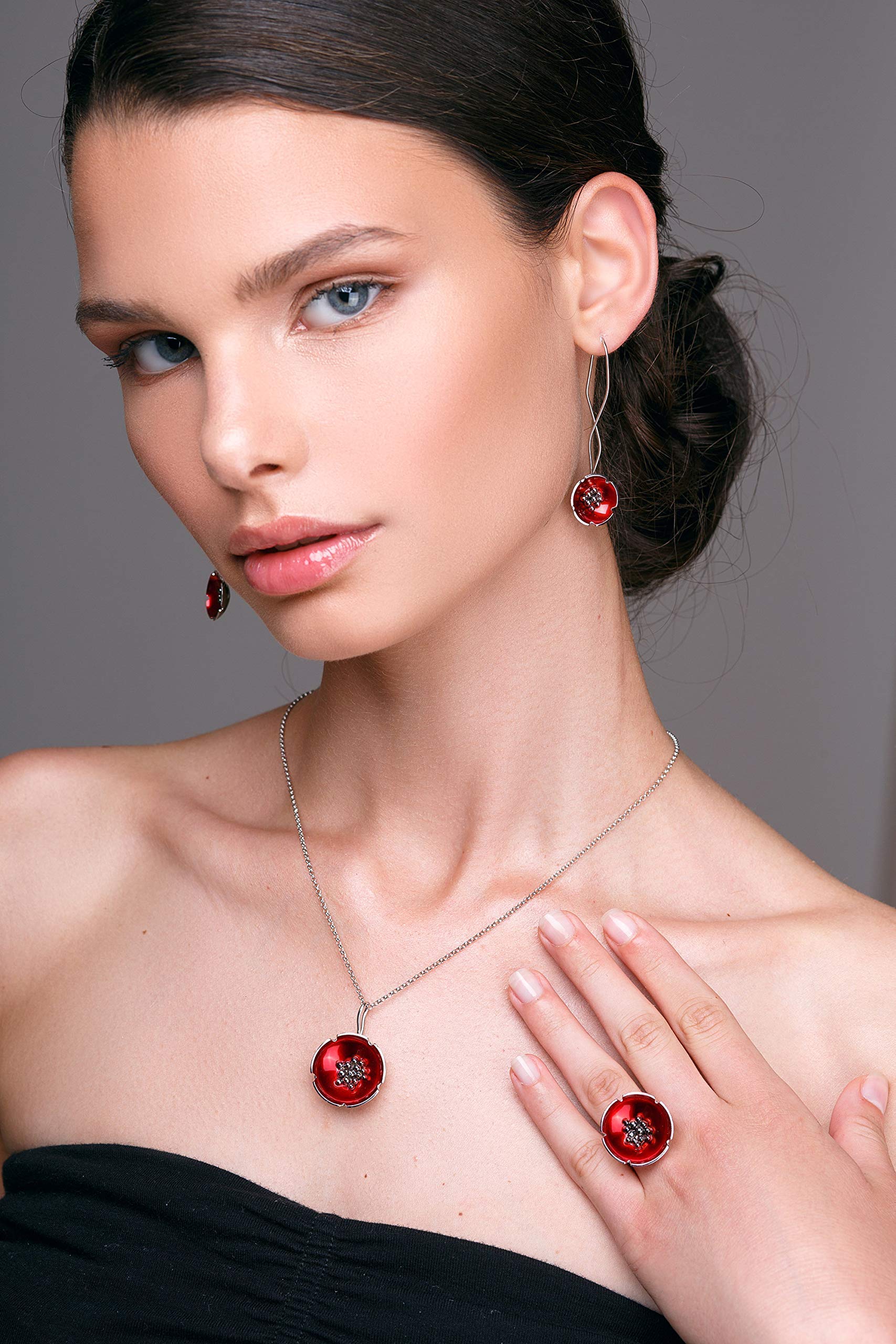 Enamel Jewelry Gift Set for Women - Red Floral Bridal Jewelry, Silver Wedding Jewelry Set, Mother's Day Gift - Perfect for Weddings, Anniversaries & Special Occasions