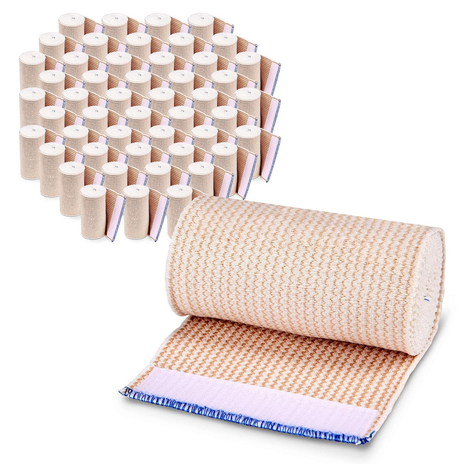 Premium Elastic Bandage Wrap (4” Wide, 50 Pack) - Latex-Free Athletic & Medical Compression Bandages with Hook & Loop Fasteners - Washable & Reusable for Sports Injuries, First Aid, Sprains, and Post-Surgery Support