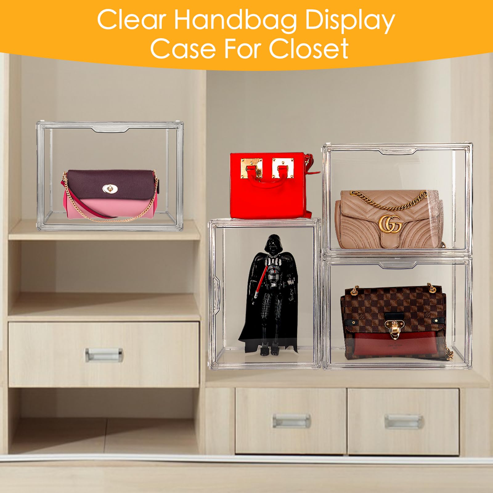 9-Pack Clear Acrylic Purse Organizer with Magnetic Door - Stackable Handbag Storage Box with Dustproof Lid for Closet, Books, Toys, Shoes & Cosmetics | Perfect for Displaying Collectibles & Organizing Small Items in Bedroom, Office or Retail Store