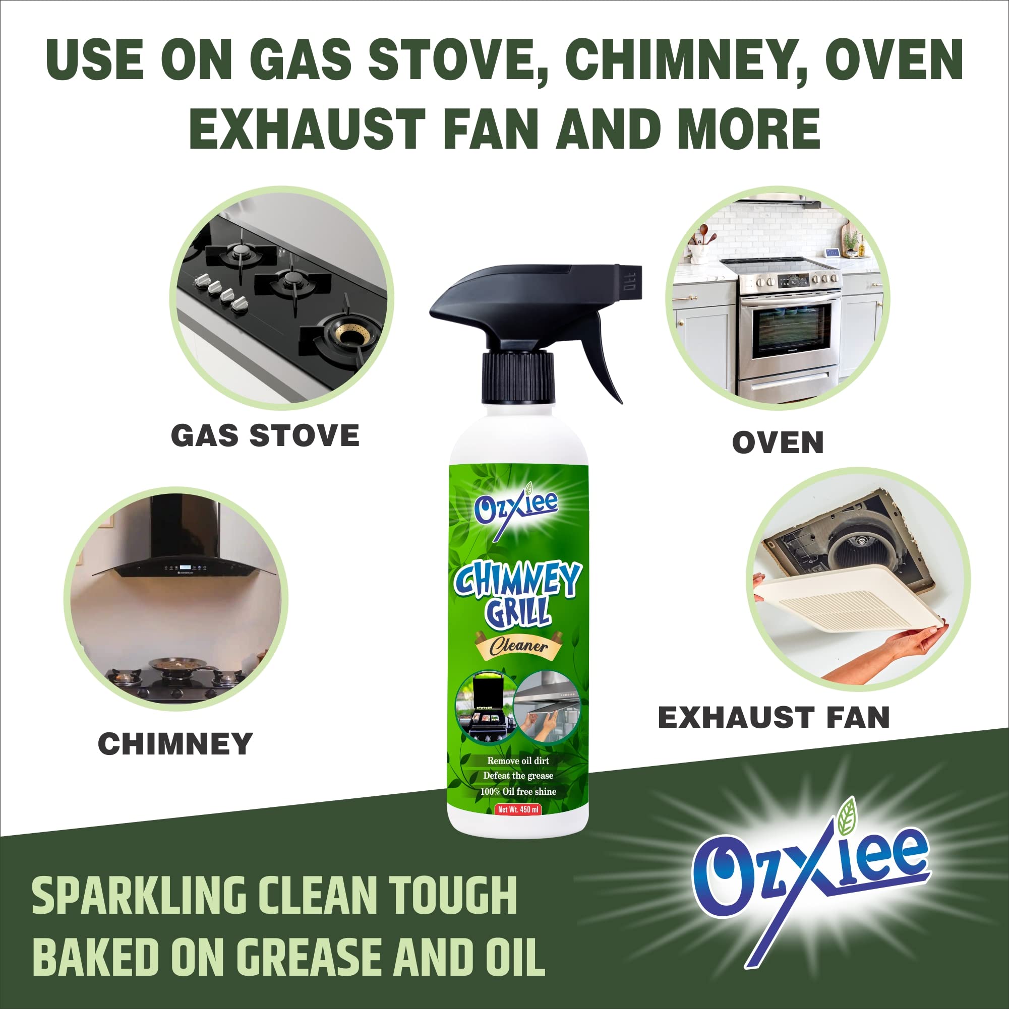 Ozxiee Chimney & Grill Cleaner Spray & Tap Cleaner Spray Combo (450ml+450ml) - Powerful Stain Remover for Kitchen, BBQ, and Bathroom Fixtures - Perfect for Deep Cleaning Grills, Range Hoods, and Faucets