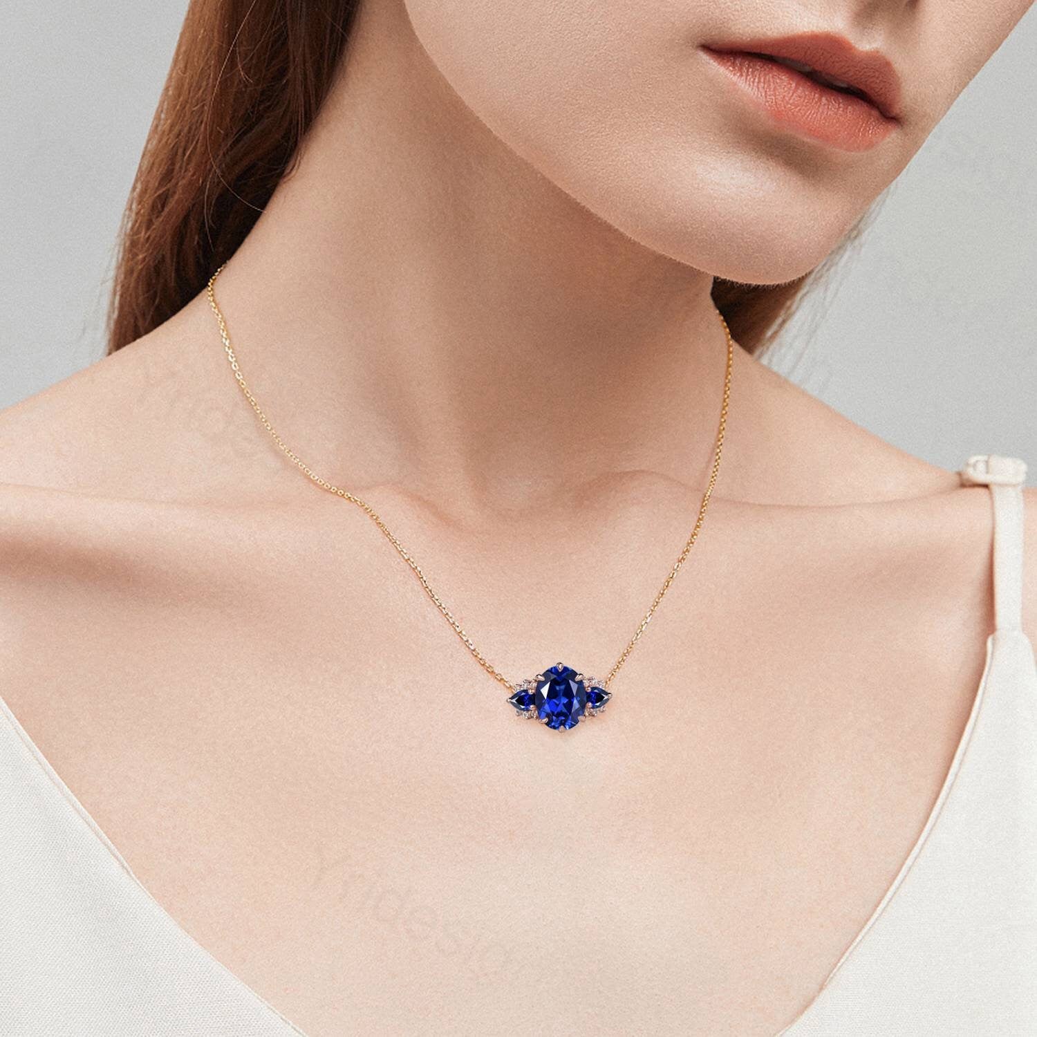 8x10mm Oval Blue Sapphire Pendant Necklace - Vintage Rose Gold Pear Cut Jewelry for Women - Perfect Christmas Gift, Anniversary Present & Everyday Elegance