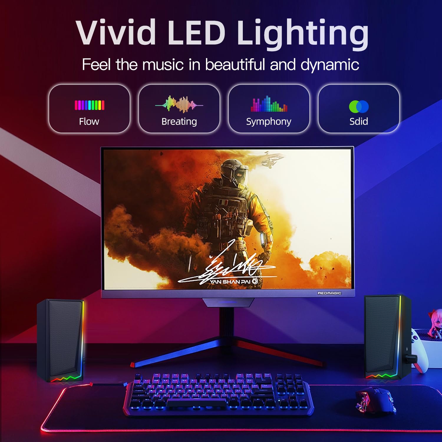 Computer Speakers with 3.5mm Aux, RGB Gaming Speakers with Volume Control, Desktop Speakers for PC/Monitor/Laptop/Tablet/Phone, Perfect for Gaming, Work, and Home Entertainment