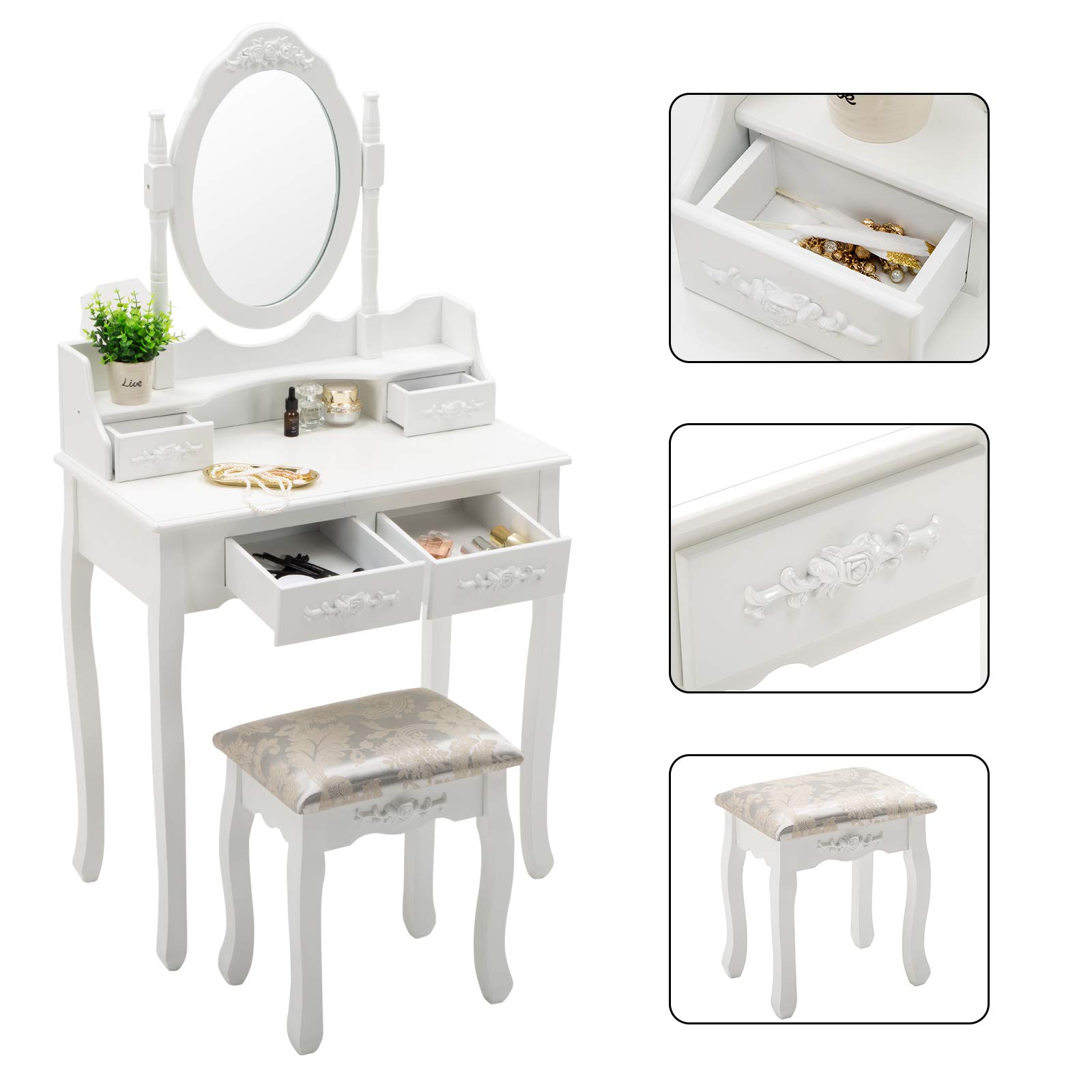 HONBAY White Makeup Vanity Table Set with Oval Mirror, 4 Drawers & Cushioned Stool - Perfect Dressing Table for Bedroom, Bathroom, or Beauty Salon