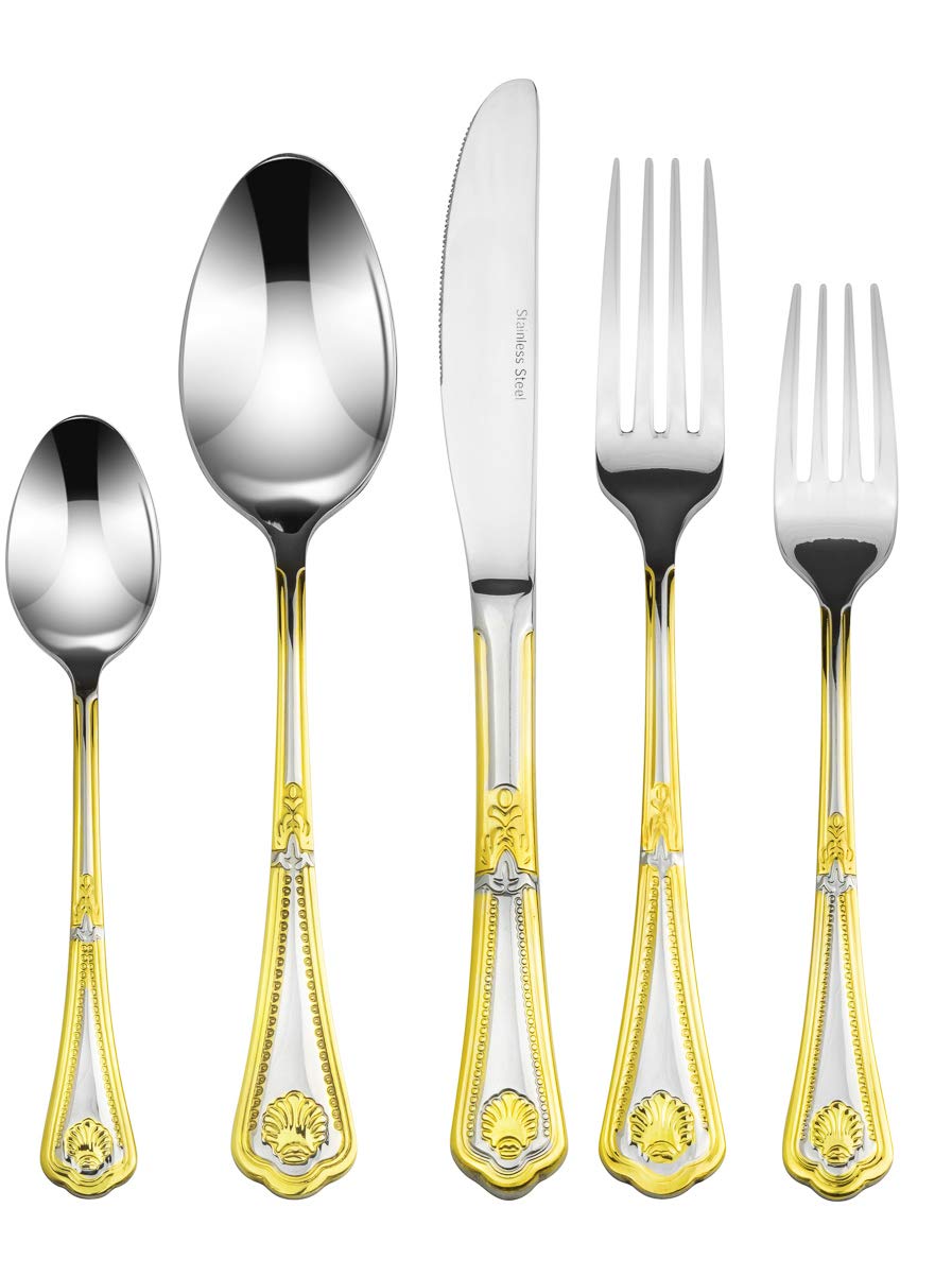 Venezia Collection 20-Piece Seashell Flatware Set - 18/10 Stainless Steel Cutlery with 24K Gold Trim - Service for 4 - Elegant Dining Silverware for Restaurants, Weddings & Special Occasions
