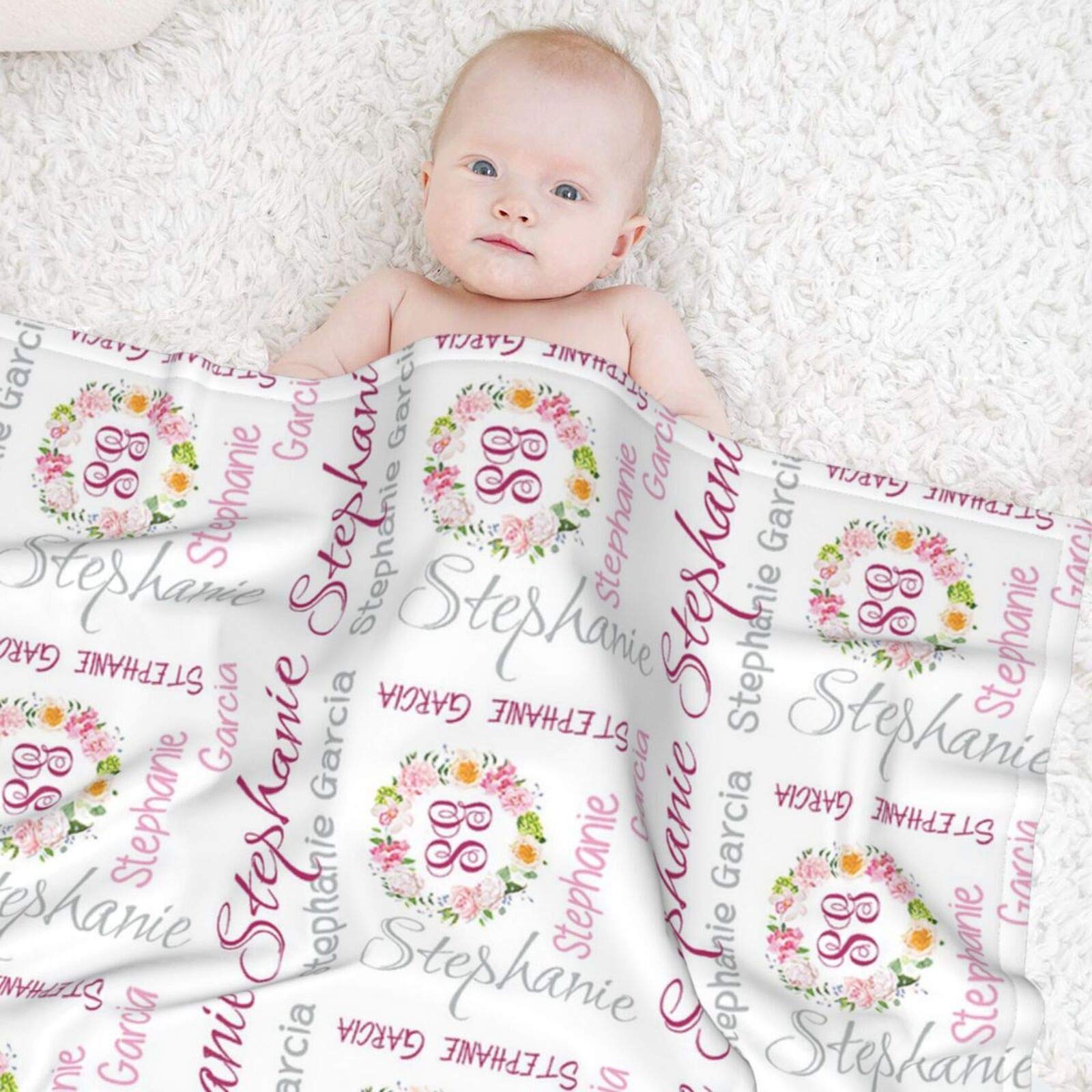Personalized Baby Blankets for Girls with Name - Custom Pink Floral Baby Blanket with Embroidery - Perfect Newborn Gift for Baby Showers, Christenings & Nursery Decor