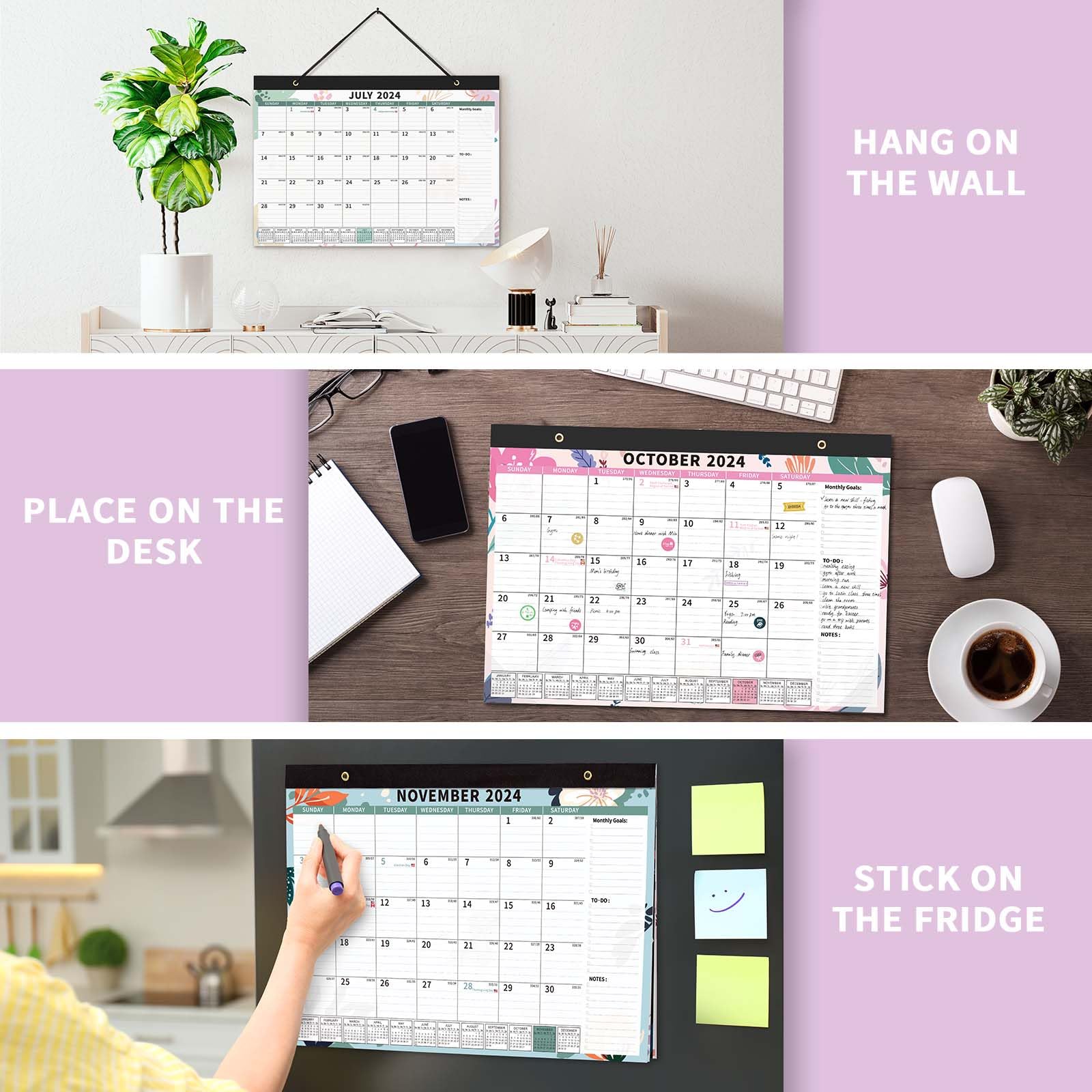 Ospelelf 2024-2025 Magnetic Wall Calendar - 18 Month Large Planner with Floral Design & Plastic Cover (17