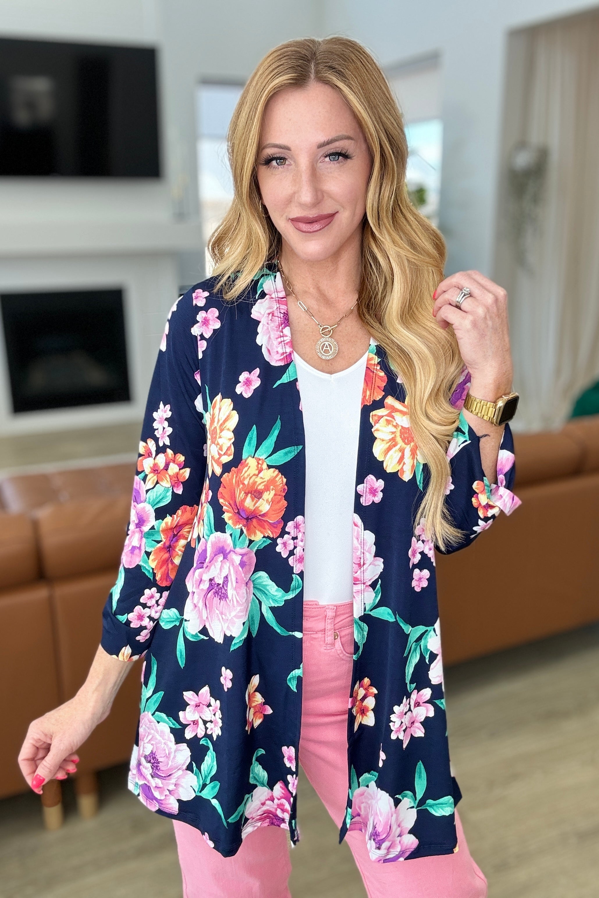 Lizzy Cardigan Women's Navy & Lavender Bouquet Knit Sweater - Perfect for Office Wear, Casual Outfits and Fall Layering