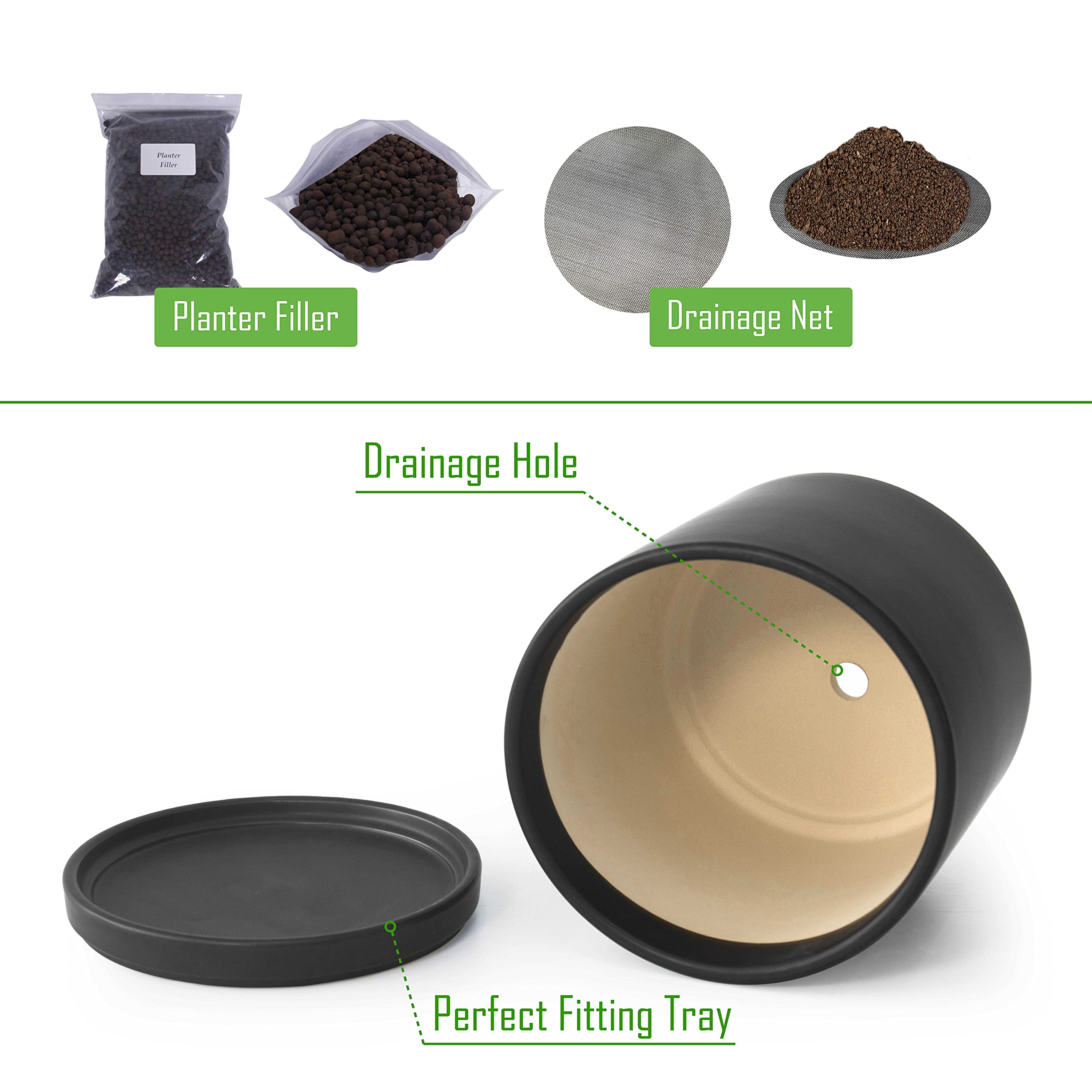 D'vine Dev 10 Inch Ceramic Flower Pot with Drainage Hole & Saucer - Modern Round Indoor Plant Pot for Home Decor, Office, Living Room - Black (94-O-E-2)