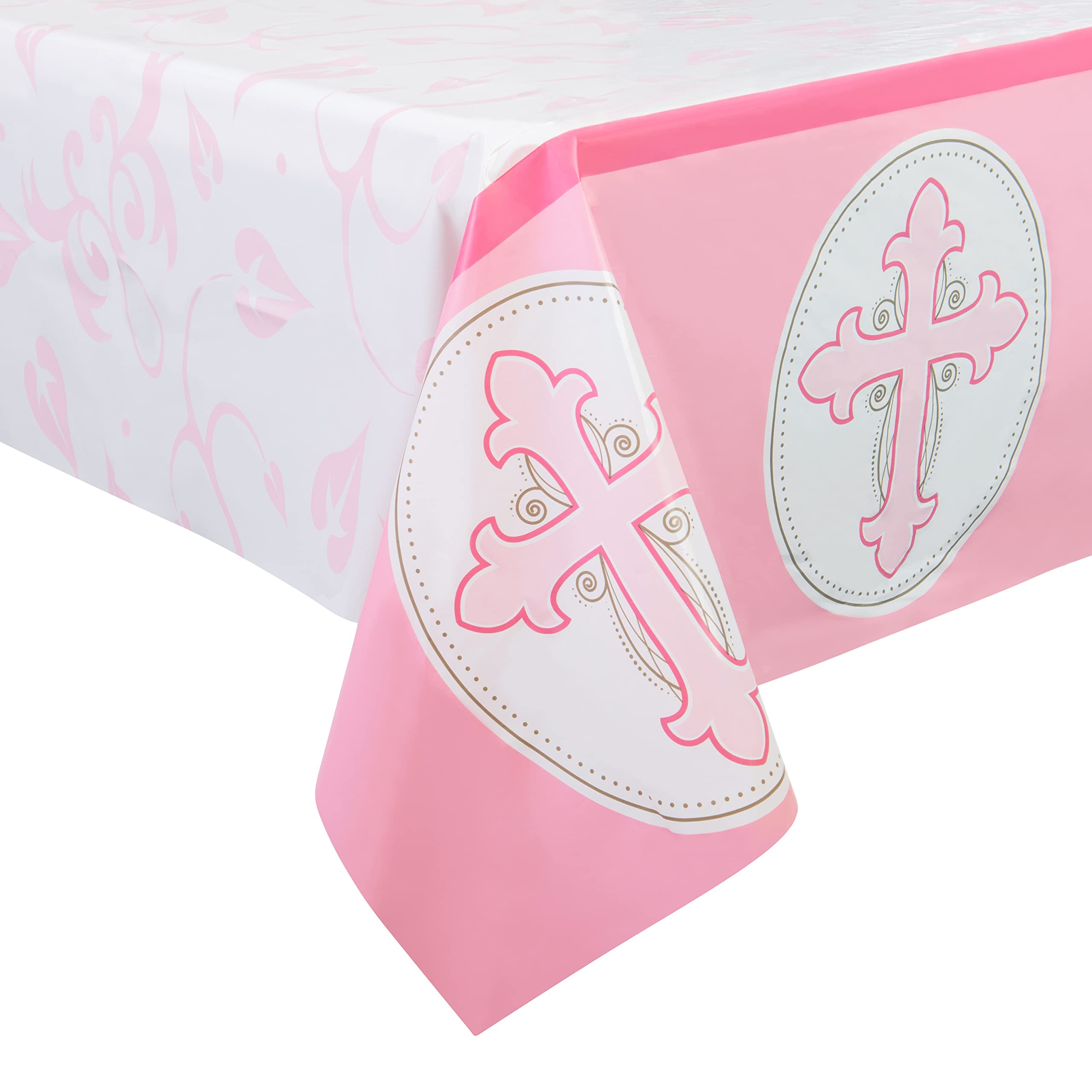 Royal Bluebonnet Pink Baptism Tablecloth Set of 2 - Waterproof Plastic Table Cover for 6-8 Foot Tables - Perfect for Girls' Baptism Party, First Communion, Christening & Easter Celebrations - Elegant Church Event & Holiday Dining Decor