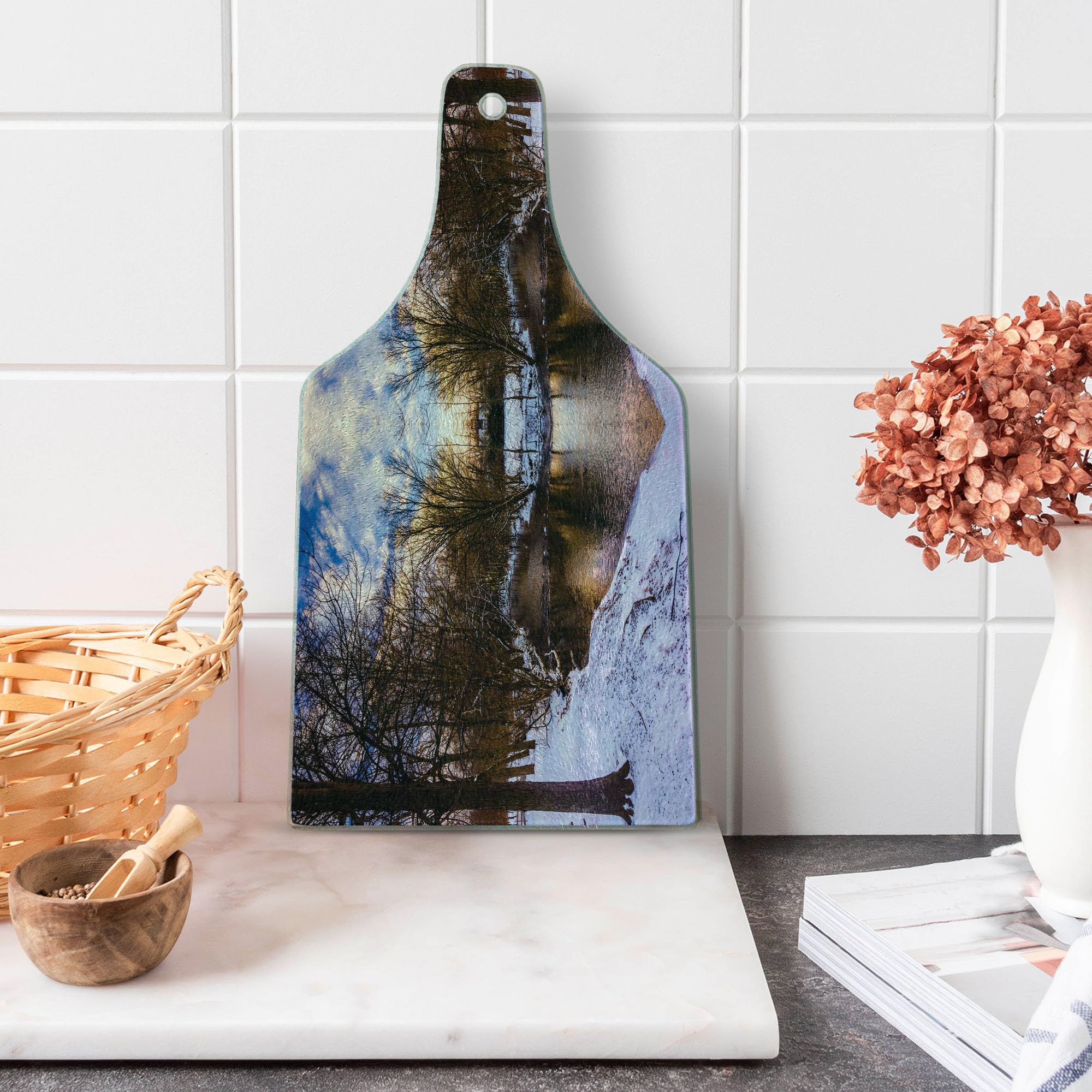 Ambesonne Heart-Shaped Tempered Glass Cutting Board - Winter Park Landscape with Snowy Trees, Lake & Sunset - Decorative Serving Board for Cheese, Charcuterie & Wine - Perfect for Holiday Entertaining & Kitchen Decor