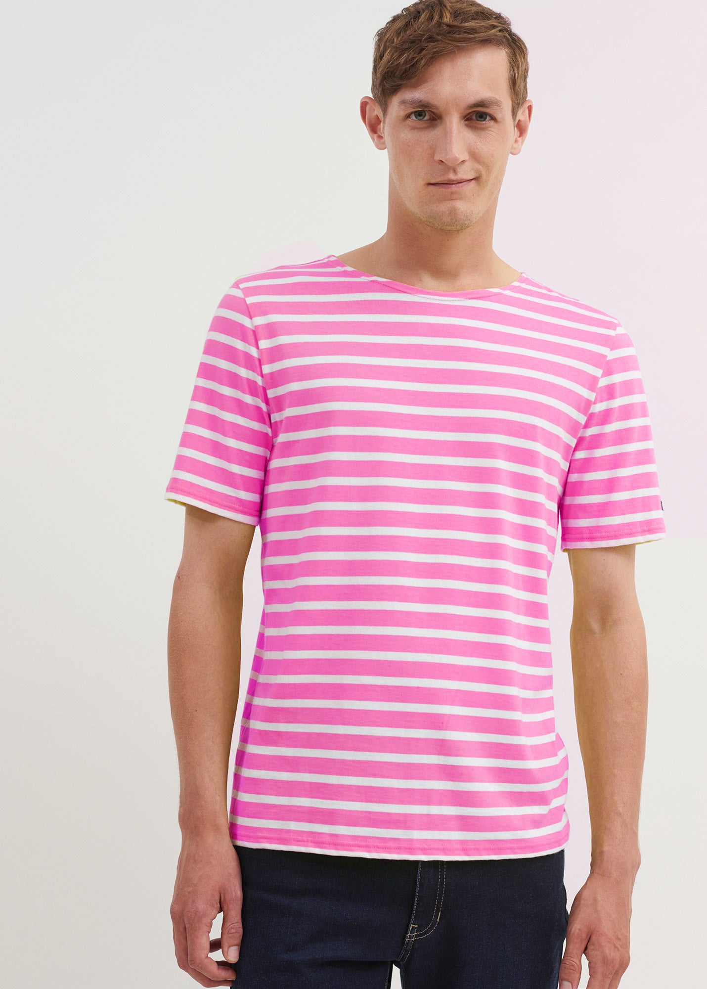 LEVANT MODERN Breton Stripe Short Sleeve Shirt - Soft Cotton Unisex T-Shirt for Men & Women (Hot Pink/White) | Casual Summer Wear, Beach Outfit, Street Style Fashion