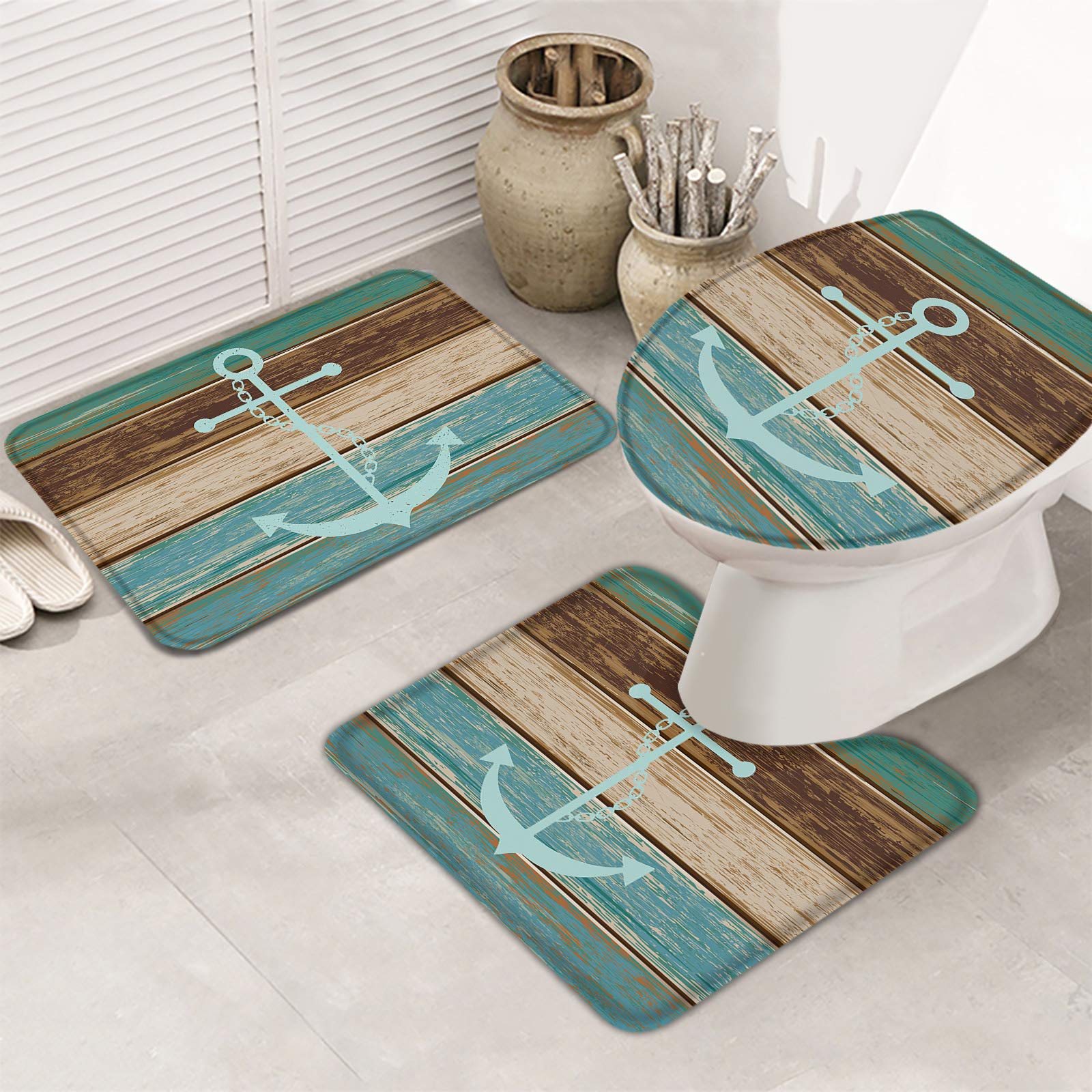 3-Piece Vintage Nautical Anchor Bathroom Rug Set - Non-Slip Absorbent Bath Mat, Toilet Cover & U-Shaped Toilet Mat - Coastal Home Decor for Bathroom Floor Safety & Style - Perfect for Beach House, Guest Bath or Nautical Themed Decor