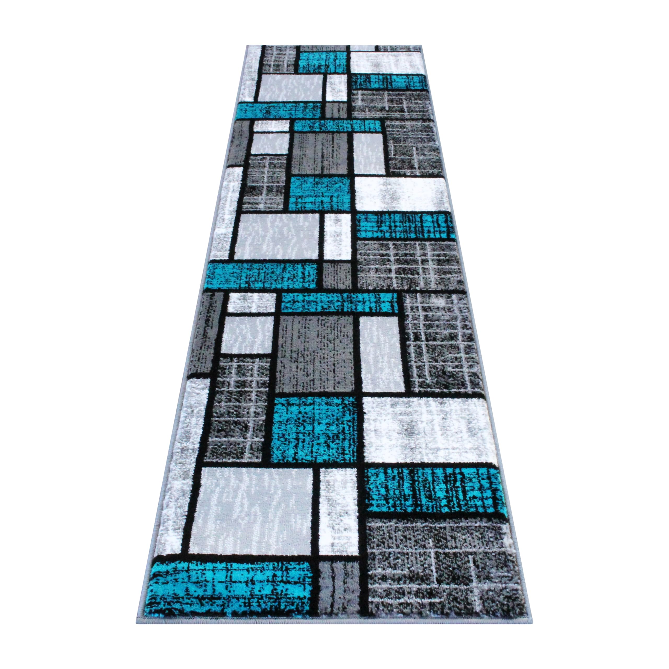 EMMA + OLIVER Modern Geometric Mosaic Accent Rug - 2x7 Feet Turquoise Gray Black White Plush Textured Stain Resistant Jute Backing - Perfect for Living Room, Bedroom or Office Decor