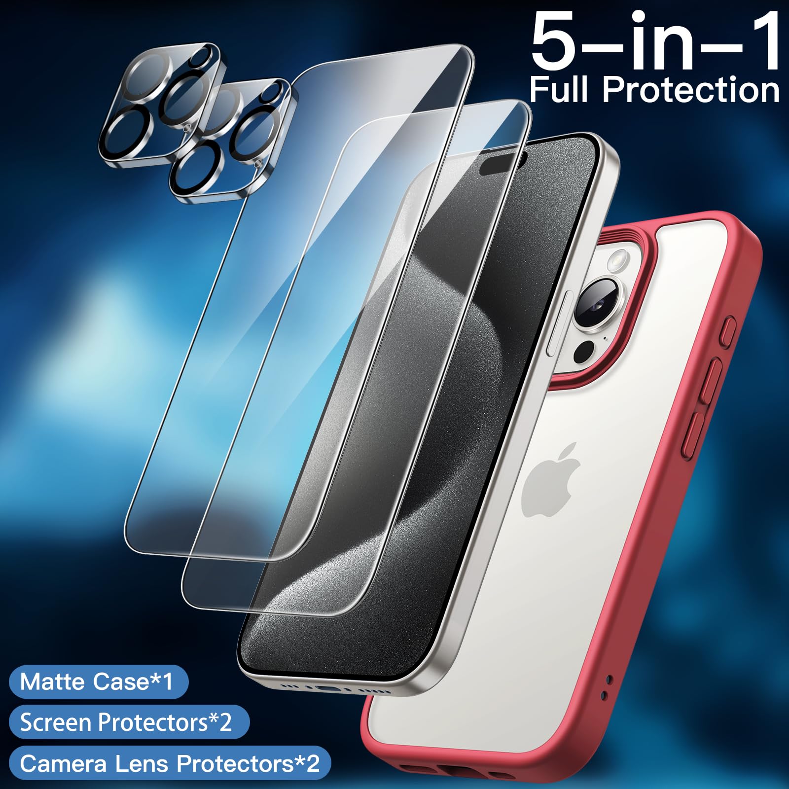 JETech 5 in 1 Matte Shockproof Case for iPhone 15 Pro Max 6.7-Inch with 2-Pack Tempered Glass Screen Protector & Camera Lens Protector - Translucent Back Protective Phone Cover (Maroon) | Perfect for Everyday Use, Travel & Outdoor Activities