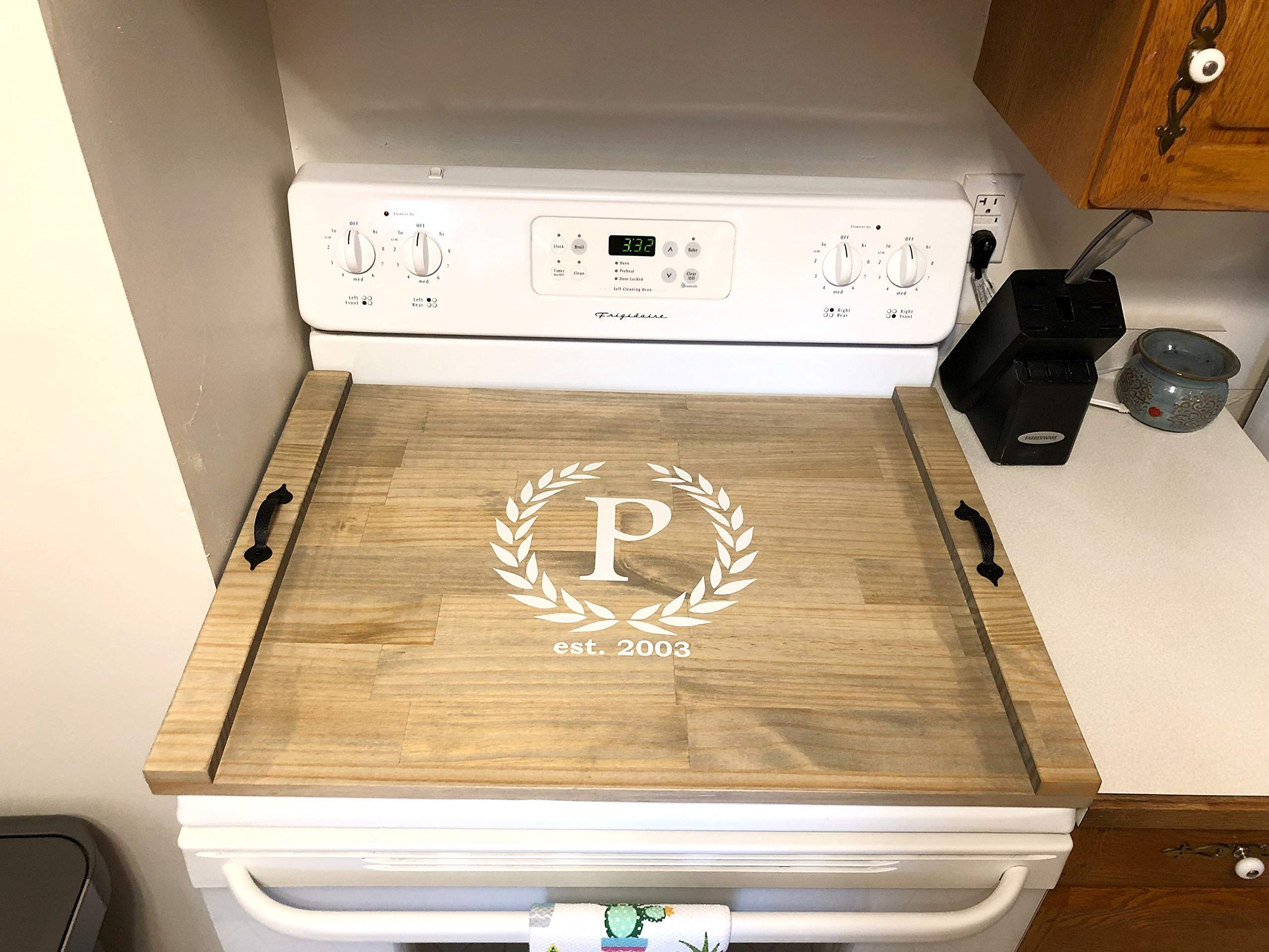 Rustic Wood Stove Top Cover - Decorative Wooden Tray for Stove - Personalized Kitchen Countertop Protector - Perfect for Farmhouse Style Kitchens & Holiday Decor