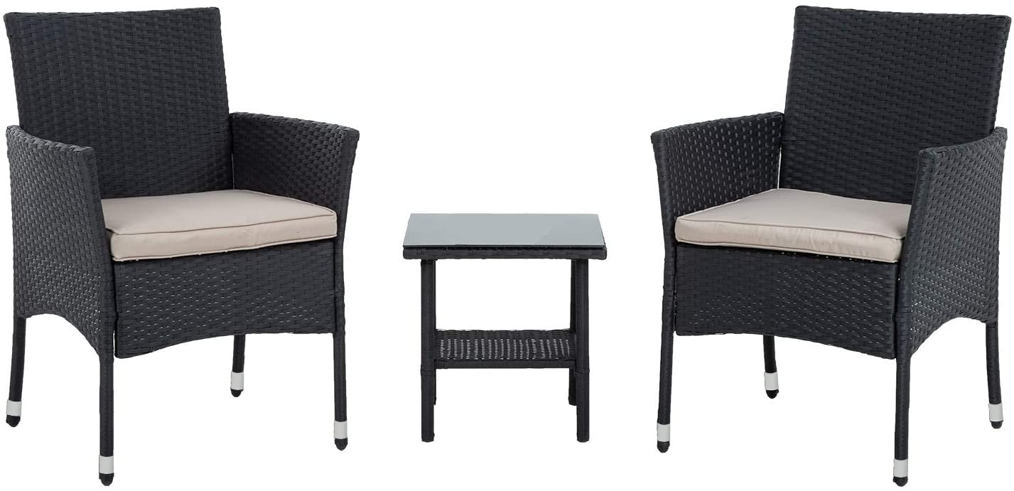 **FDW 3-Piece Patio Furniture Set - Outdoor Rattan Bistro Chairs & Table, Black Wicker Conversation Set for Backyard, Porch, Poolside, Lawn & Garden - Perfect for Relaxing, Dining & Entertaining**