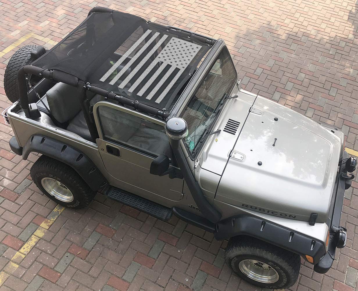 Jeep Wrangler TJ Bikini Top Sunshade Mesh Cover (1997-2006) - UV Protection, Wind & Noise Reduction, USA Flag Design - Perfect for Off-Roading, Beach Trips & Summer Adventures