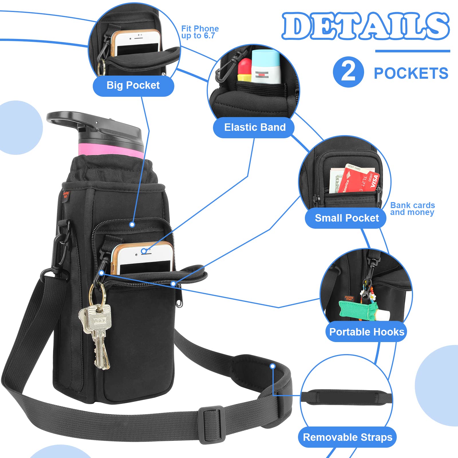 Bike Water Bottle Holder with Shoulder Strap & Pocket - Universal Cup Holder Sling for Mountain Bikes, Walking Strollers, Scooters & Sports Accessories - Durable Bottle Carrier Sleeve for Cycling, Hiking & Outdoor Activities